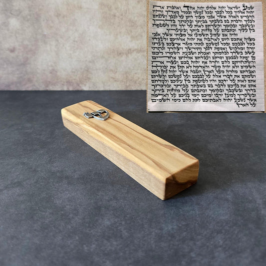 5.5" / 14cm Olive Wood Mezuzah with Silver Shin & a Scroll - Handcrafted Jewish Door Blessing - Perfect Housewarming Gift