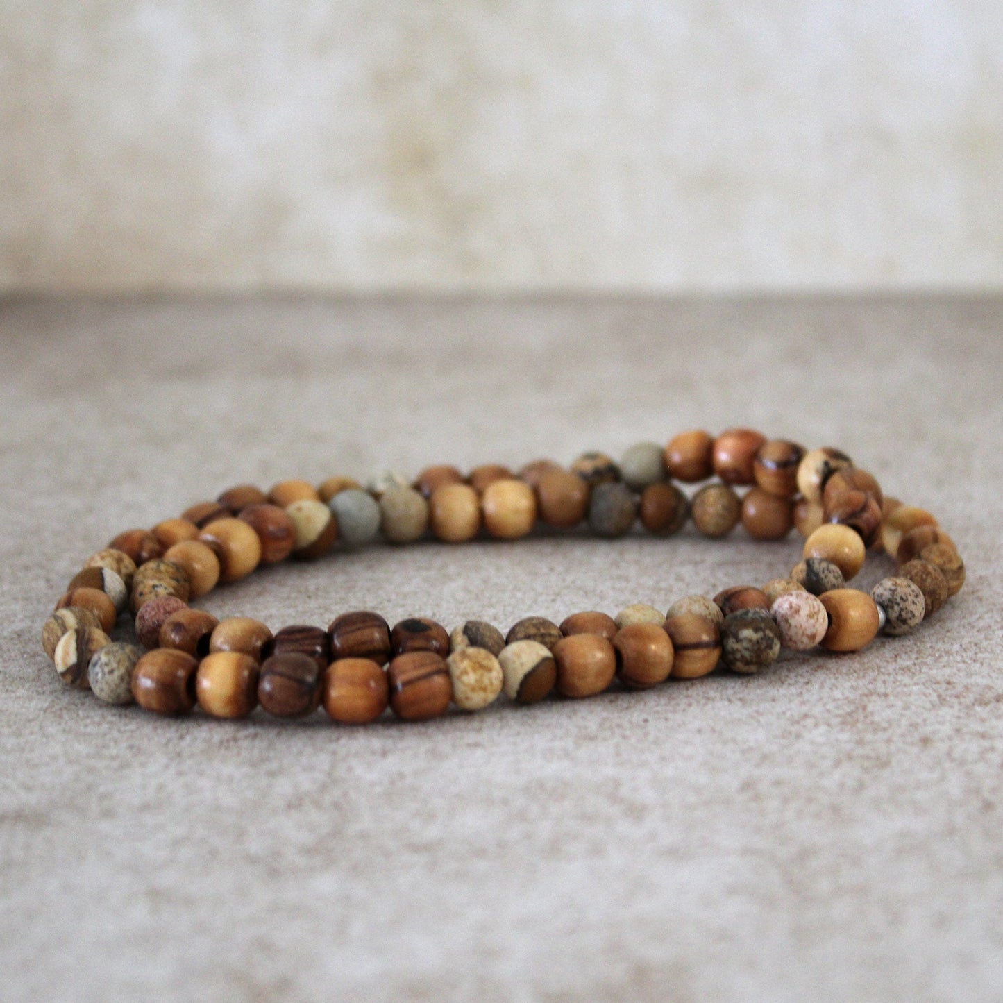 Earthy Double-Strand Stretch Bracelet Made With Jasper and Olive Wood