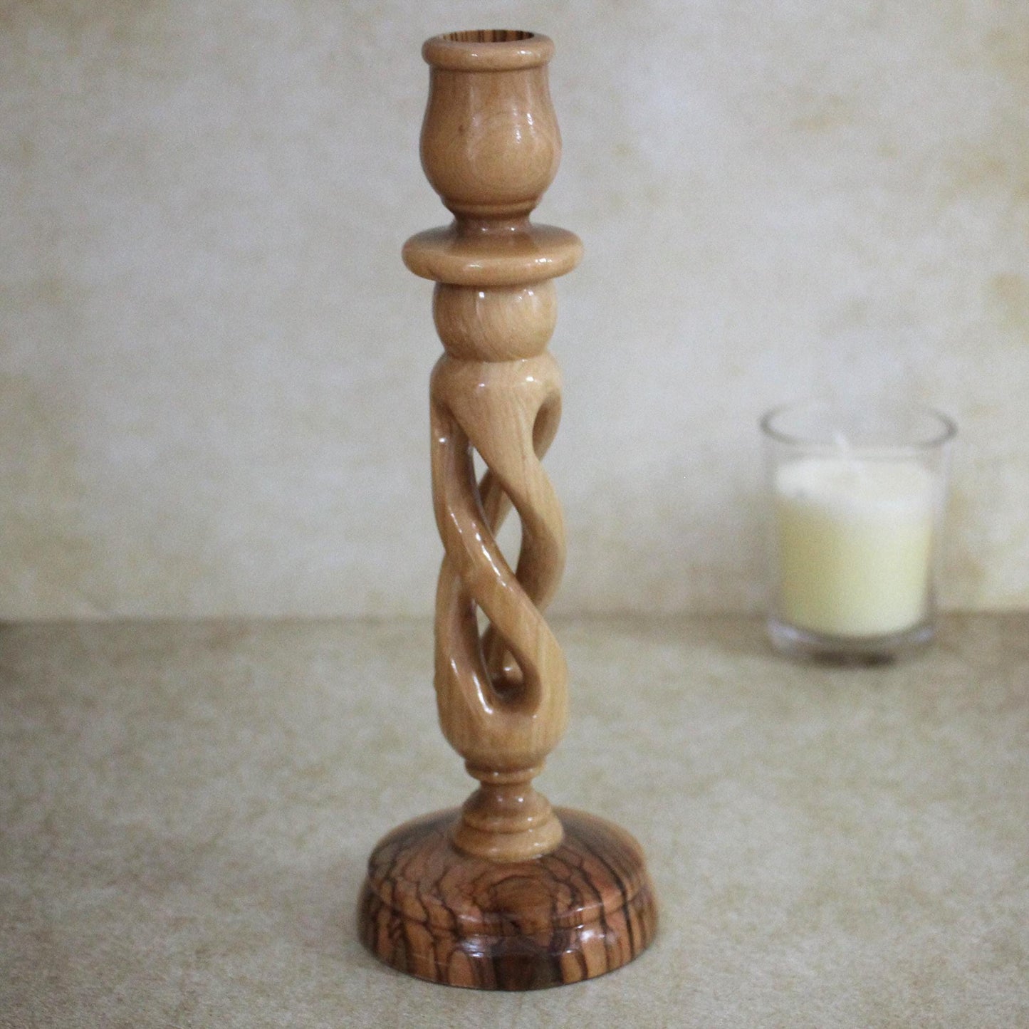 9" Exquisite Olive Wood Spiral Candle Stands, Handcrafted in Israel - Rustic Wooden Candle Holder, Elegant Candlestick Holder