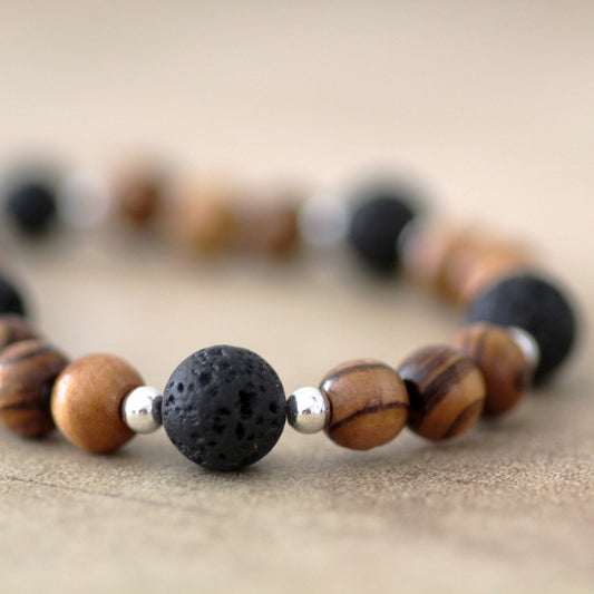 Olive Wood Beads & Black Volcanic Lava Stone Bracelet with Sterling Silver Accents - Handcrafted Statement Jewelry