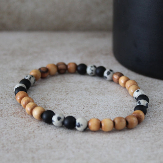 Dalmatian Jasper Protection Bracelet with Olive Wood Beads - Handcrafted Hebrew Unisex Jewelry