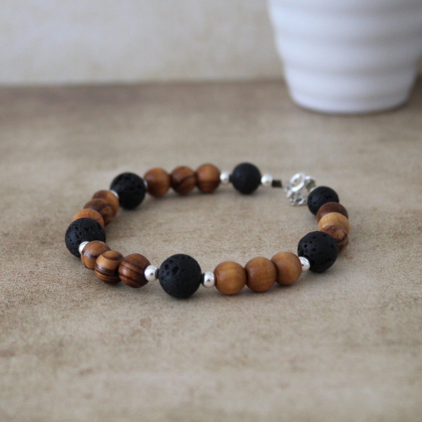 Olive Wood Beads & Black Volcanic Lava Stone Bracelet with Sterling Silver Accents - Handcrafted Statement Jewelry