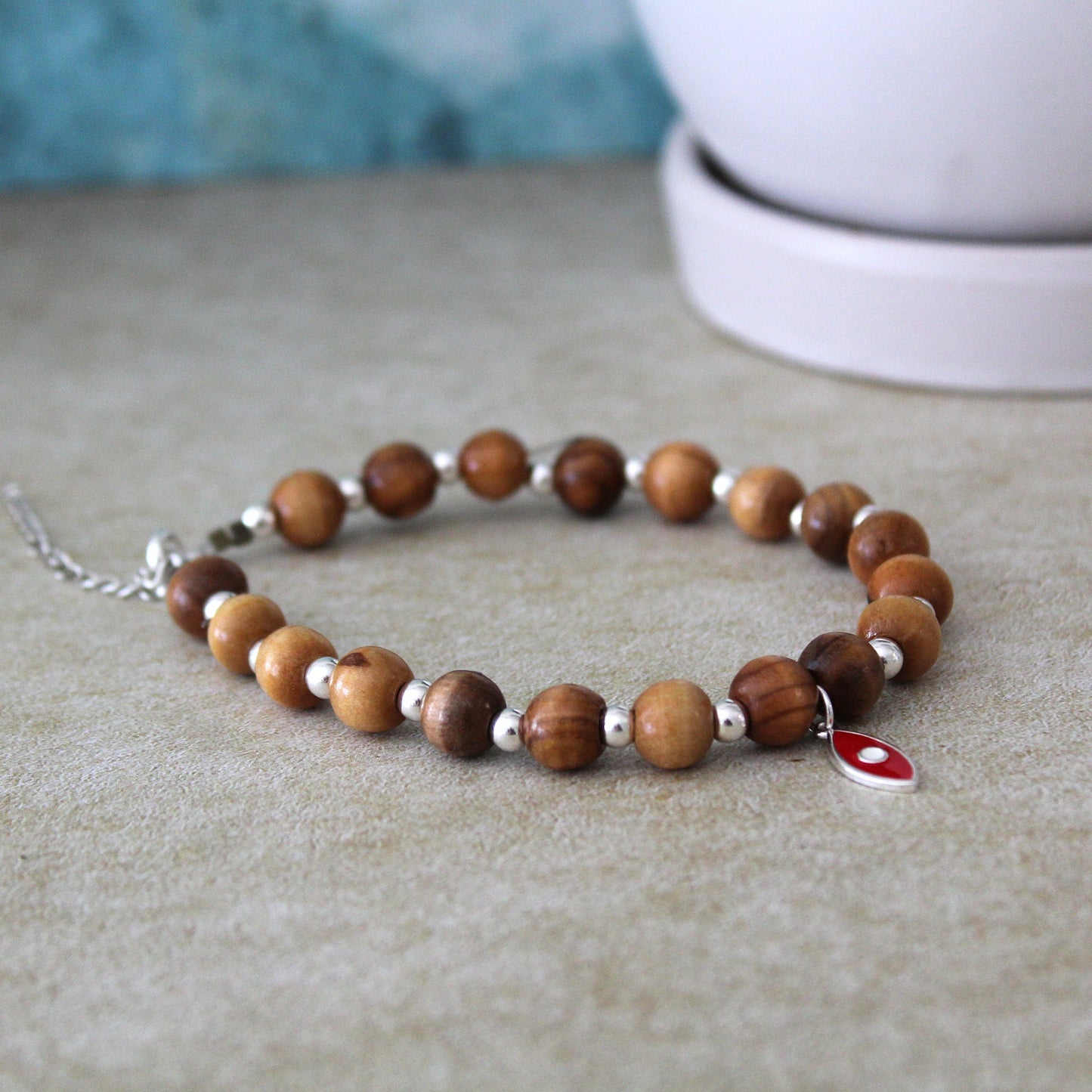 Handcrafted 925 Silver and Olive Beads Fish Bracelet - Vibrant Red Unisex Jewelry