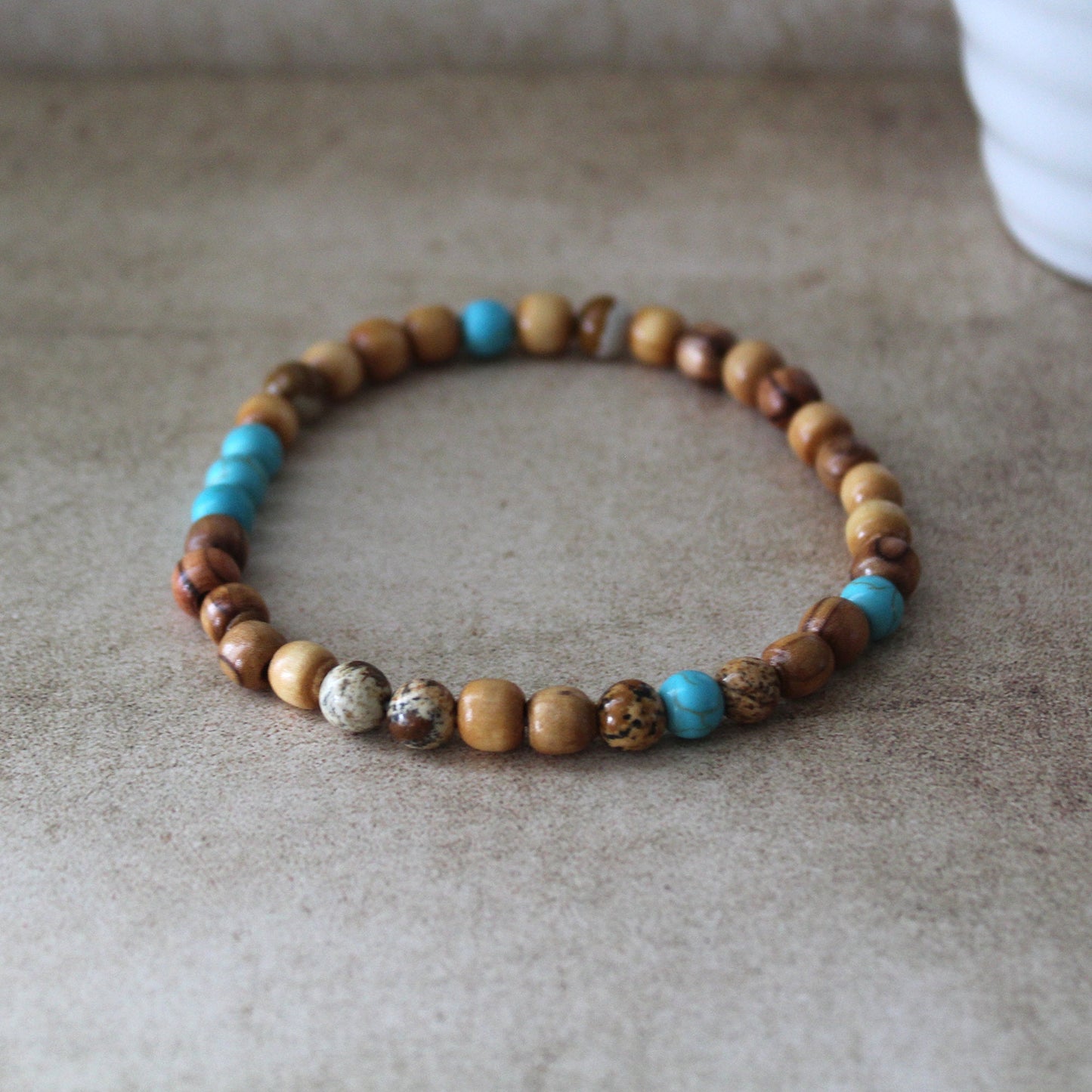 Olive Wood and Jasper and Crystal Bead Stretch Bracelet - Handcrafted Hebrew Jewelry from Israel