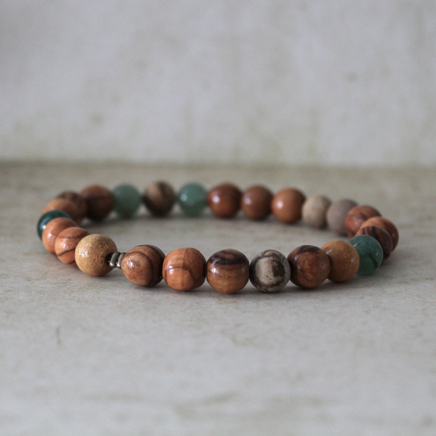 Olive Wood and Jasper Earthy Stretch Bracelet with Greenish Jade Beads - Handcrafted Judaica Jewelry from Israel