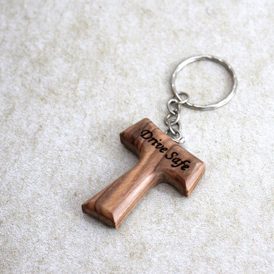 Personalized Handmade Tau Cross Keychain, Olive Wood Christian Keychain, Made in Jerusalem Holy Land, Wooden Cross Unique Keychain Gift