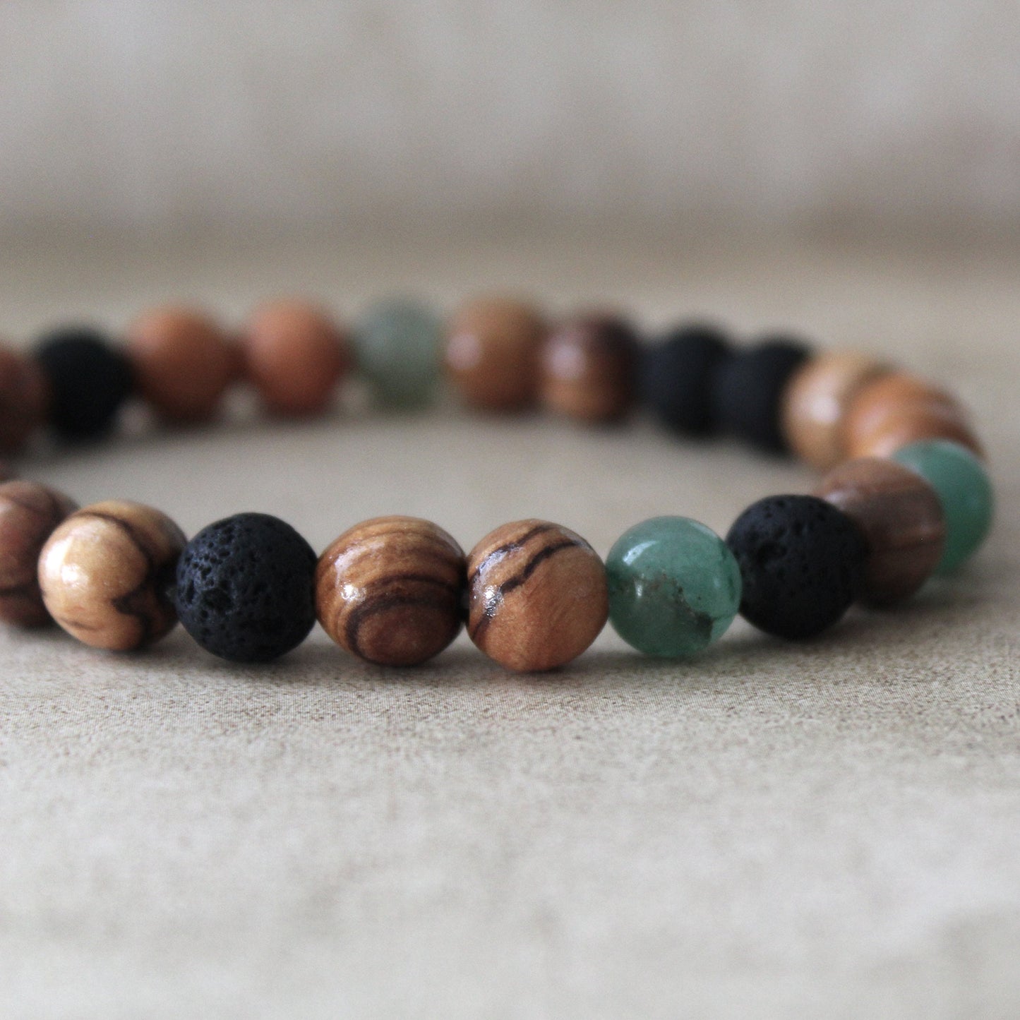 Greenish Jade and Olive Wood Earthy Stretch Bracelet with Black Lava Beads - Handcrafted Judaica Jewelry from Israel
