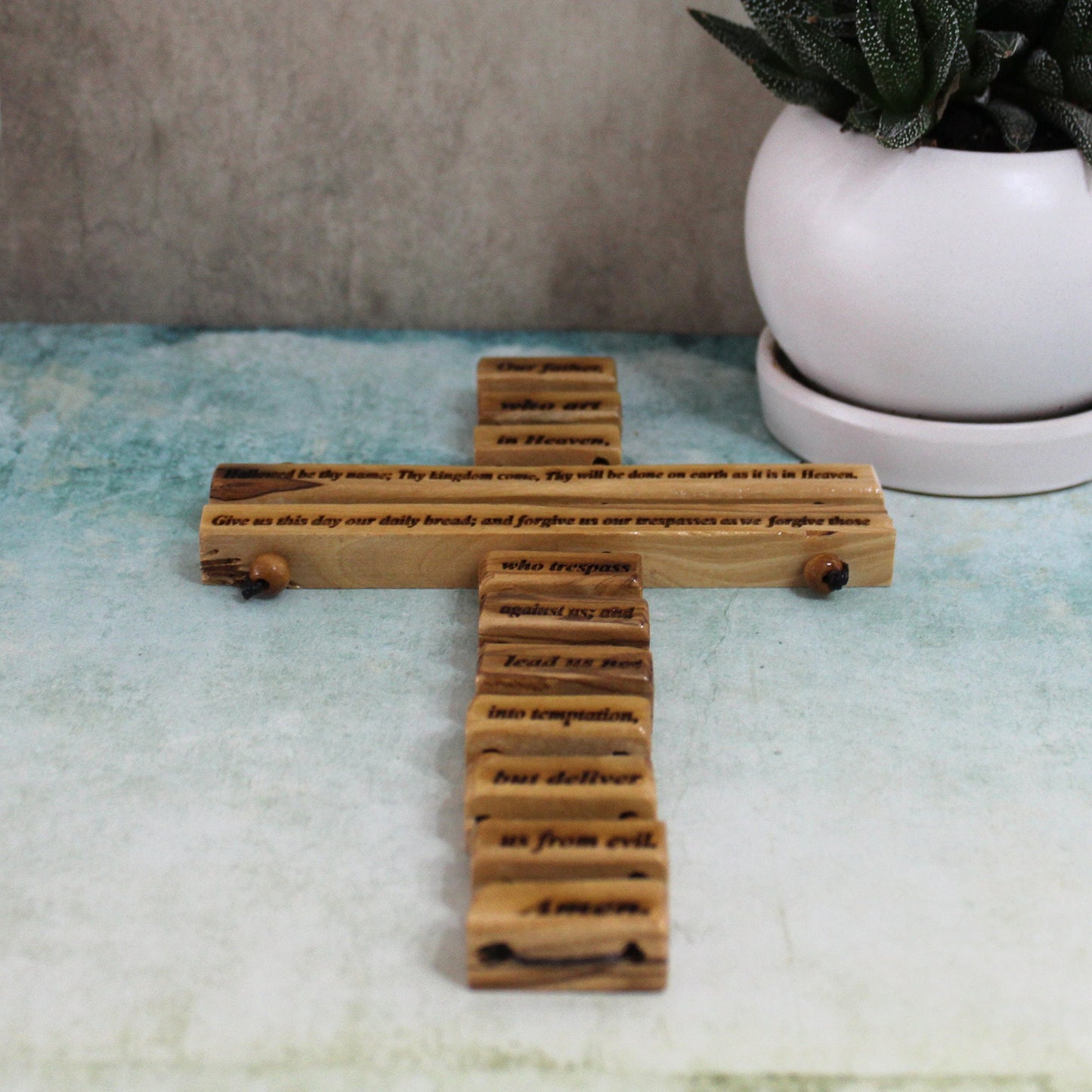 Handmade Olive Wood Cross of The Lord's Prayer, Our Father Lord's Prayer engraved, Wooden Crucifix from the Holy Land