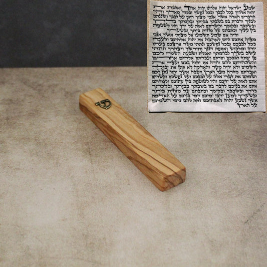 10cm, Small Mezuzah Case With Shin in Bronze & Kosher Scroll (7cm) From Jerusalem, Olive Wood Mezuzah Gift for Jewish Housewarming