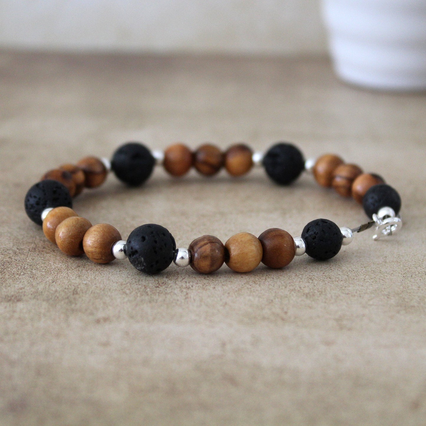 Olive Wood Beads & Black Volcanic Lava Stone Bracelet with Sterling Silver Accents - Handcrafted Statement Jewelry