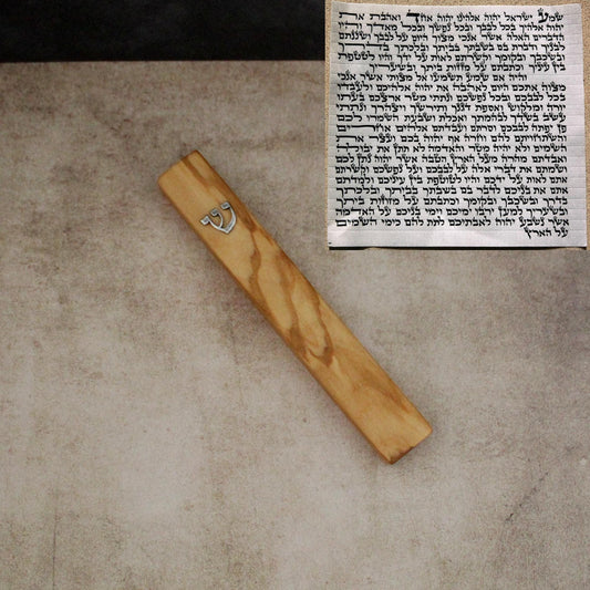 14cm / 5.5" Olive Wood Mezuzah Case from Jerusalem With the Letter "SHIN" in Silver, Gift for Jewish Housewarming, Scroll Up to 12cm / 4.72"
