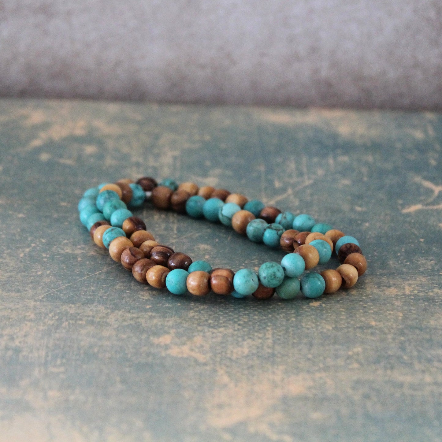 Earthy Double-Strand Stretch Bracelet, Olive Wood & Turquoise Stones