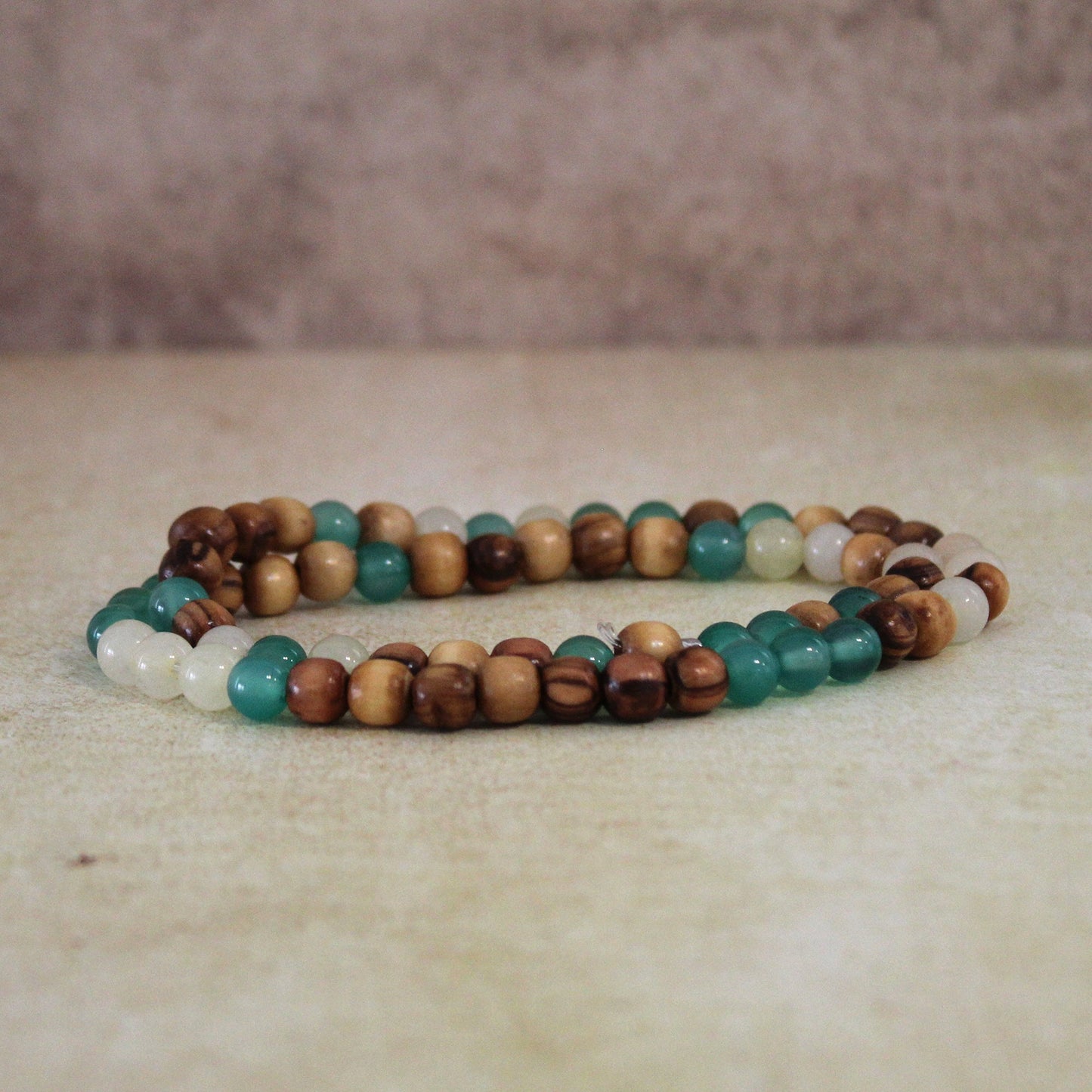 Earthy Double-Strand Stretch Bracelet, Olive Wood & Mix of White and Green Jade Beads