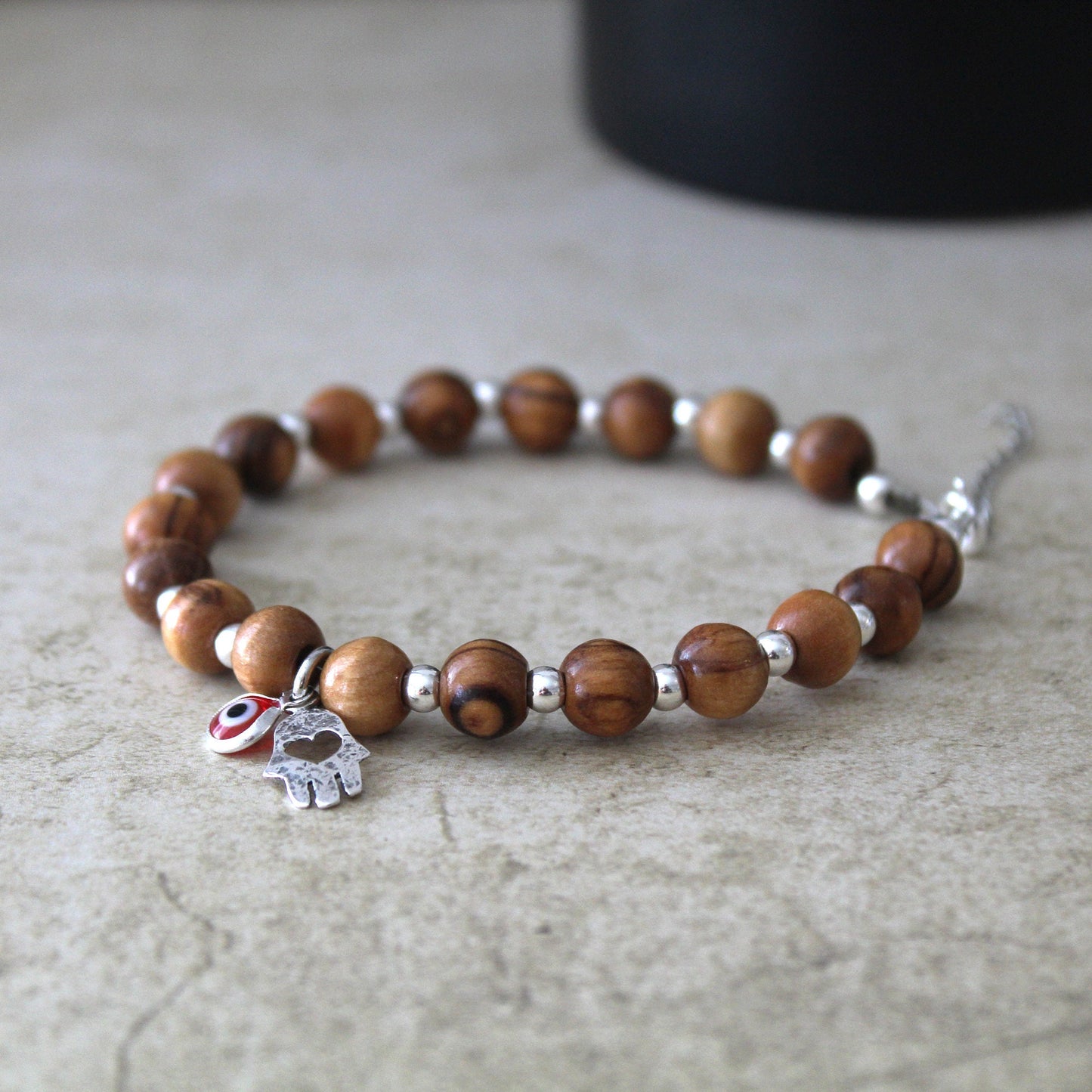 Spiritual Harmony: Handcrafted Olive Wood Charm Bracelet for Energy, Protection & Meditation - Boho Hamsa Design with Red Evil Eye
