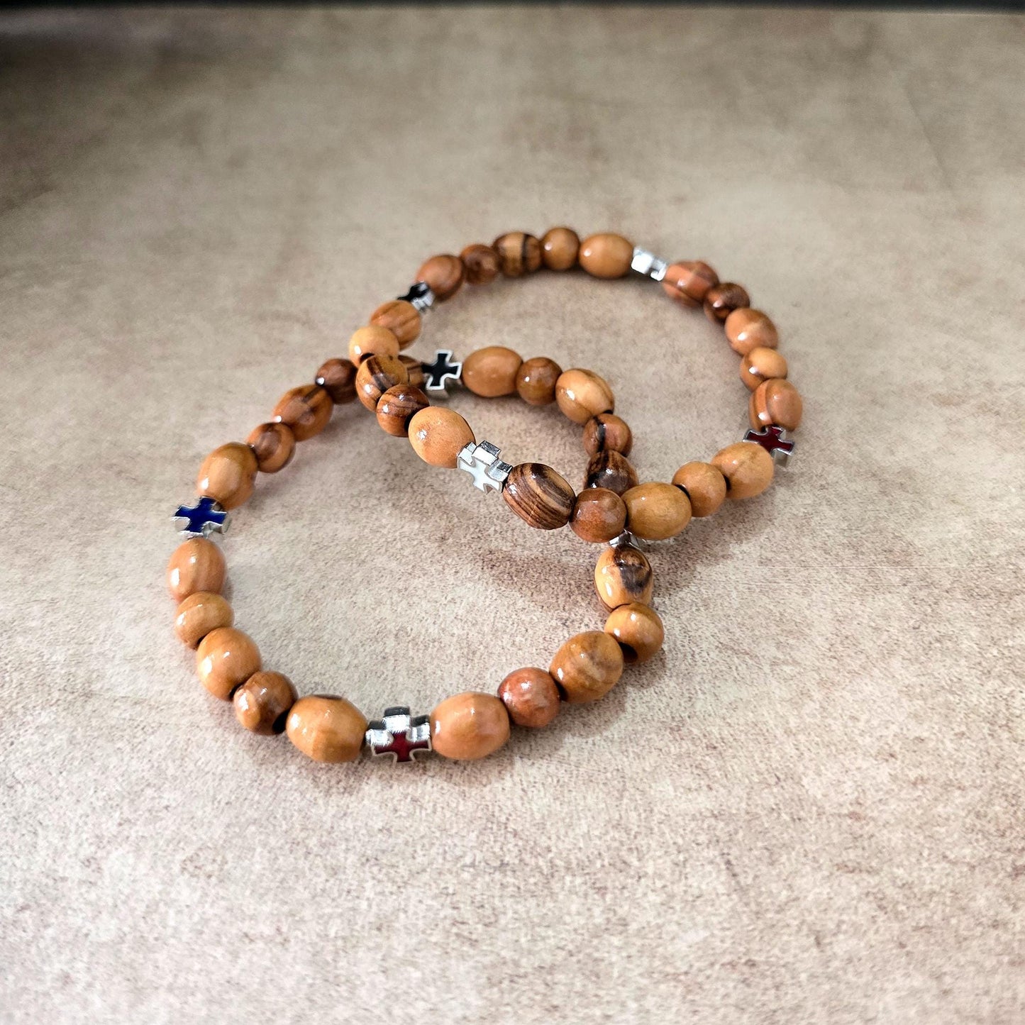 Get Two Olive Wood Handmade Beads Bracelet, Colorful Icons of Crosses, Made in the Holy Land Jerusalem