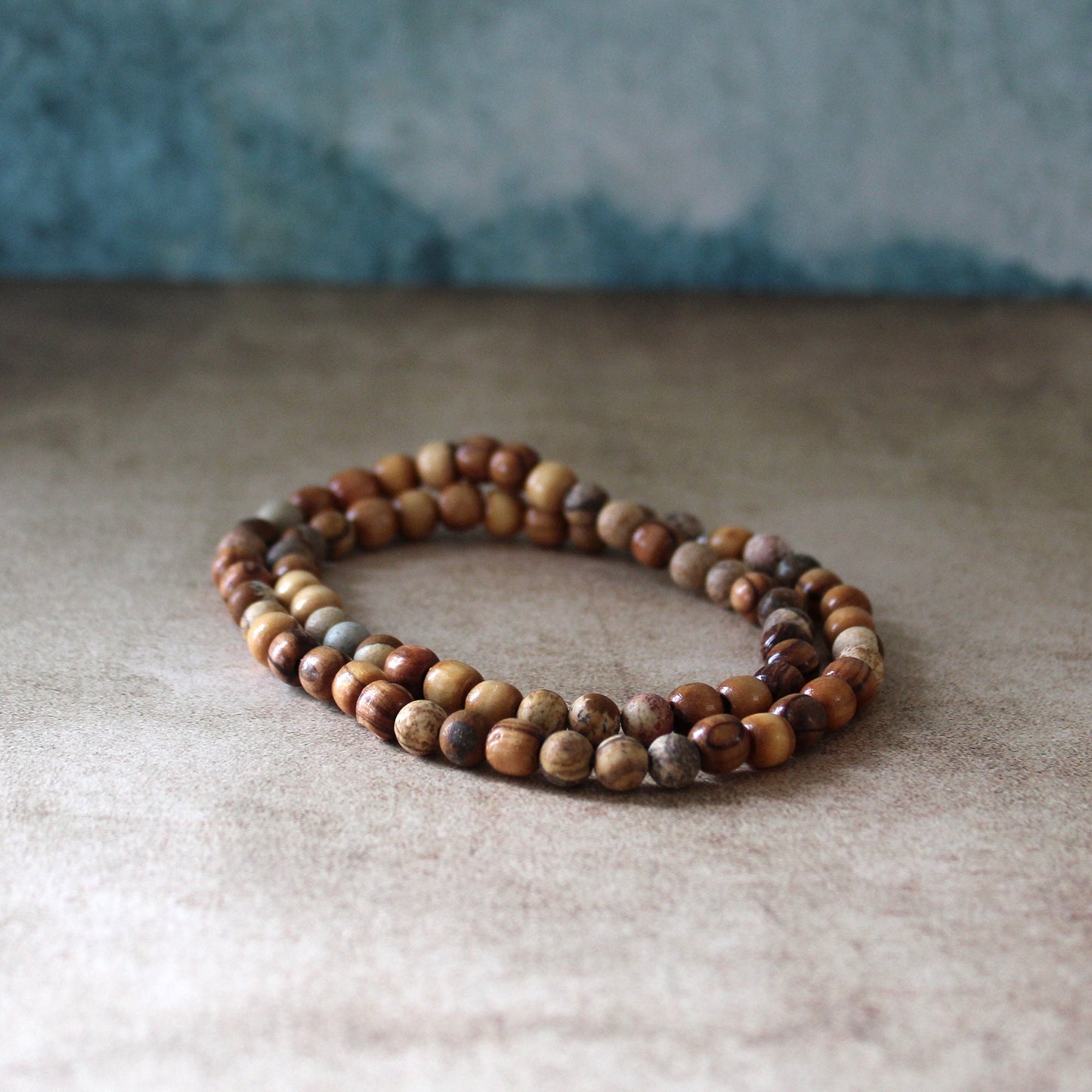 Earthy Double-Strand Stretch Bracelet Made With Jasper and Olive Wood