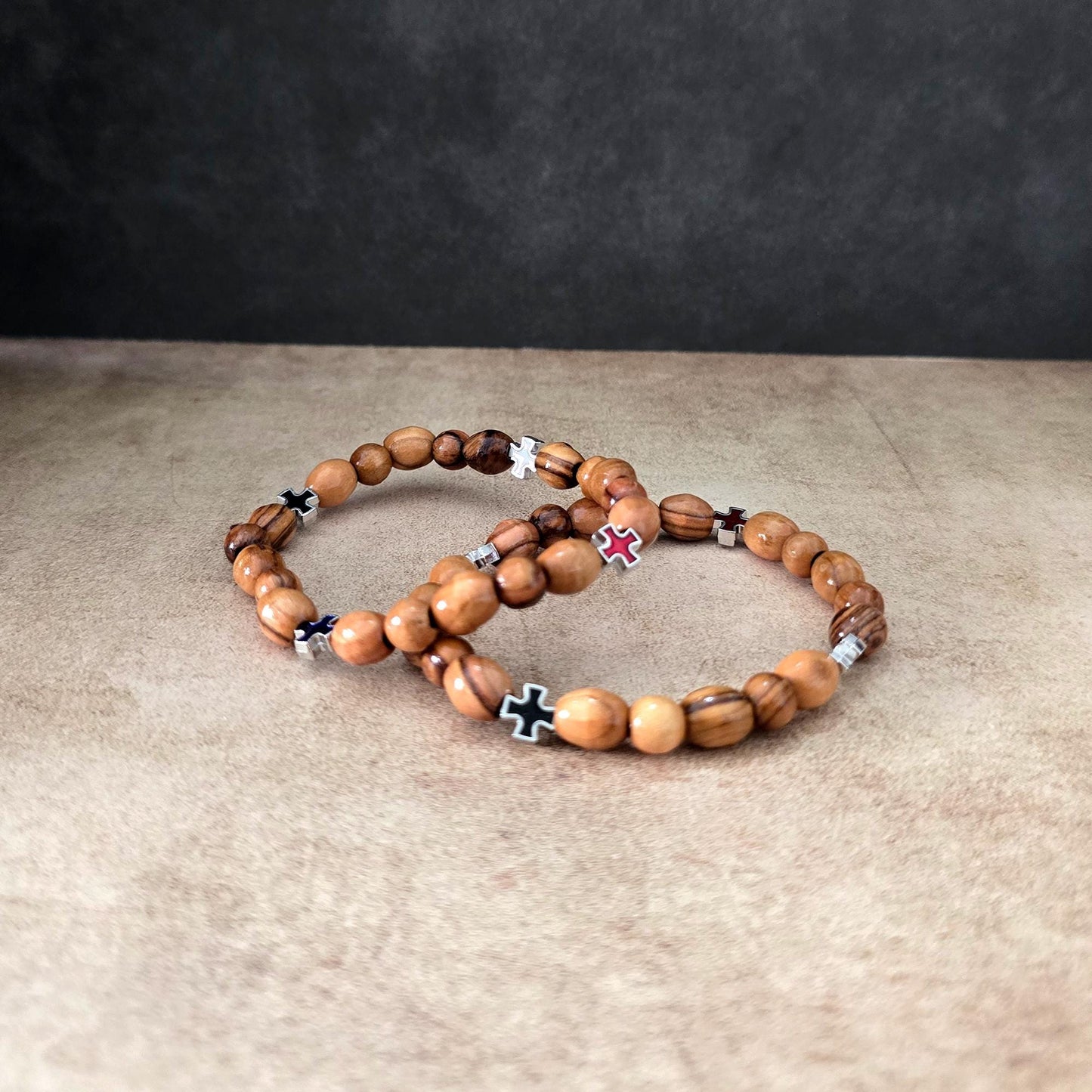 Get Two Olive Wood Handmade Beads Bracelet, Colorful Icons of Crosses, Made in the Holy Land Jerusalem