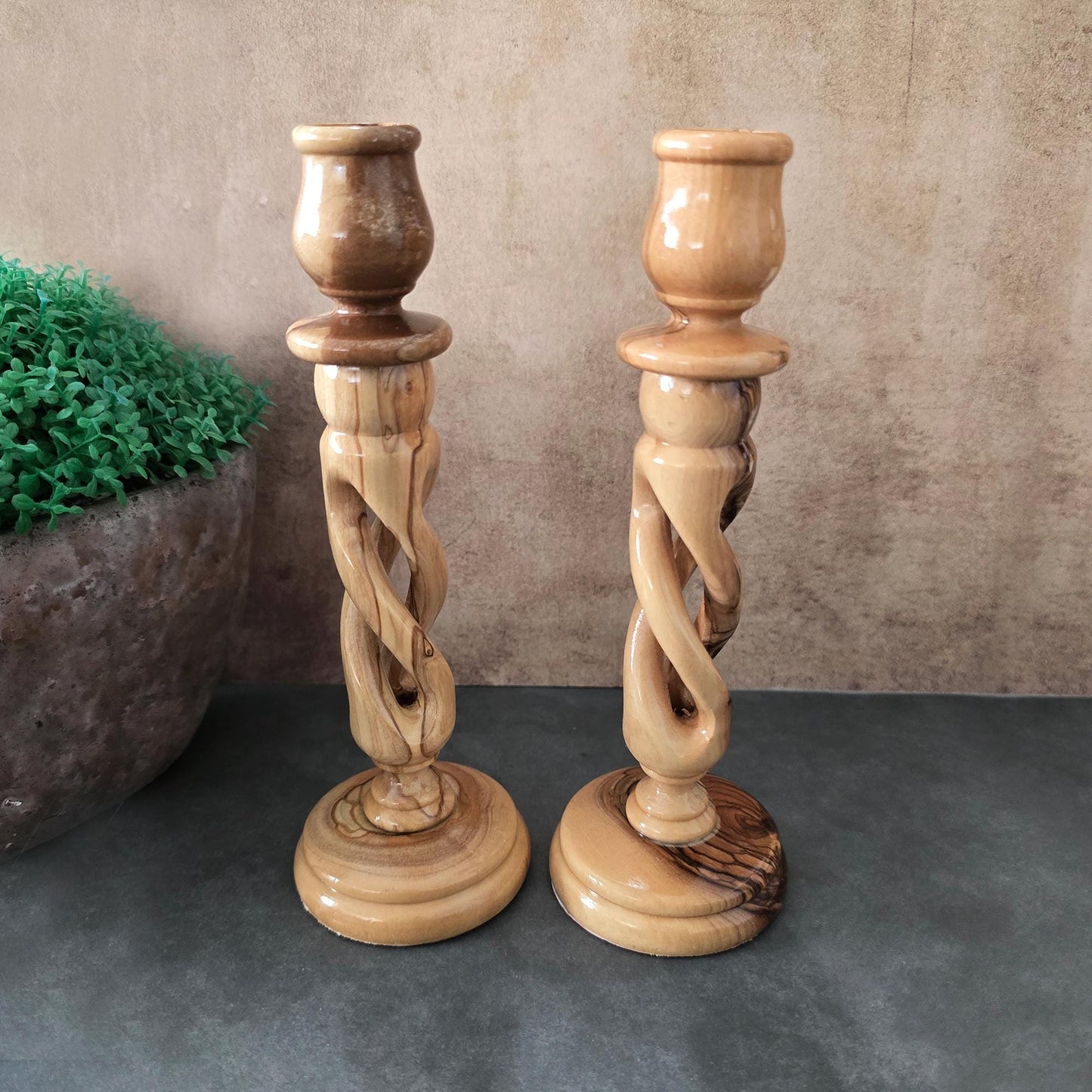 Pair of 9" Olive Wood Candle Holders, Table Decoration, Candlesticks, Wedding Candles Holders, Candle Centerpieces