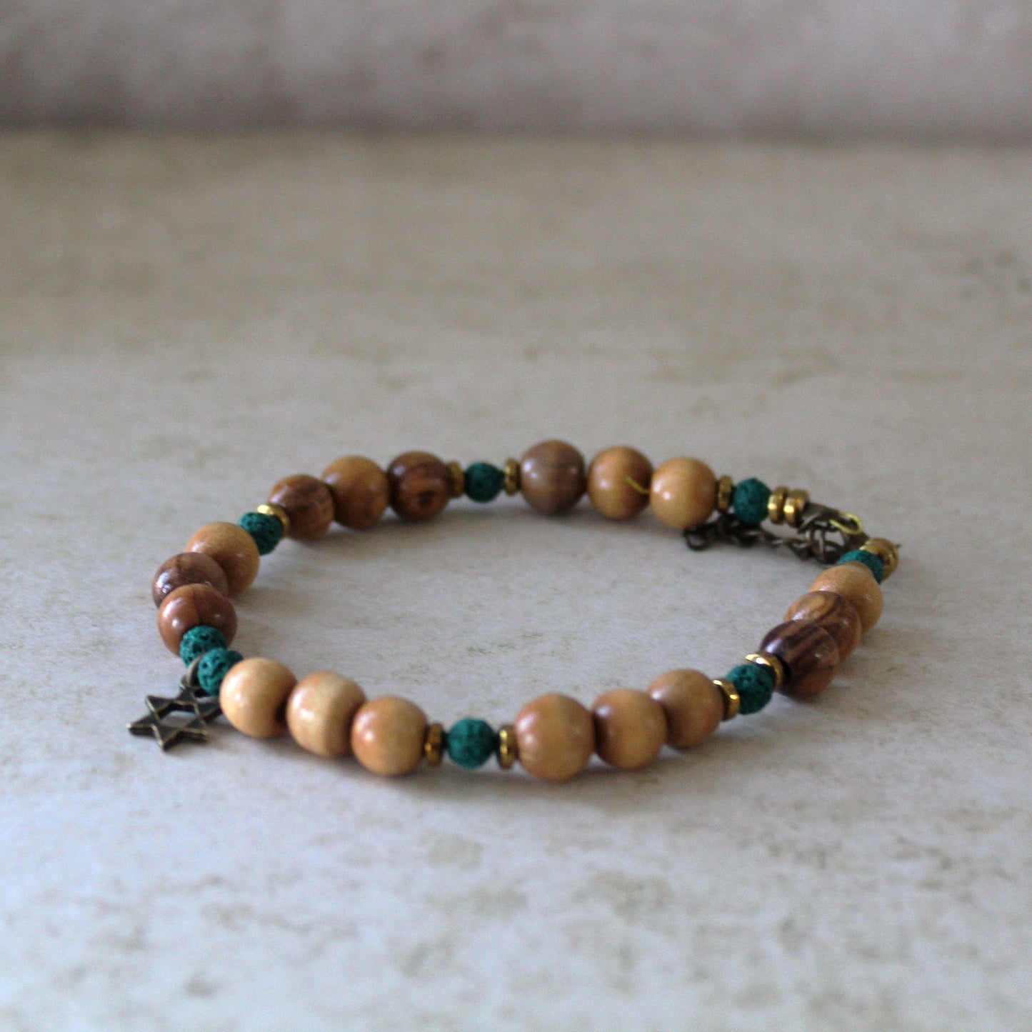 Olive Beads Healing Bracelet with Star of David - Turquoise Lava Beaded Bracelet - Green Lava Stone Protective Bracelet