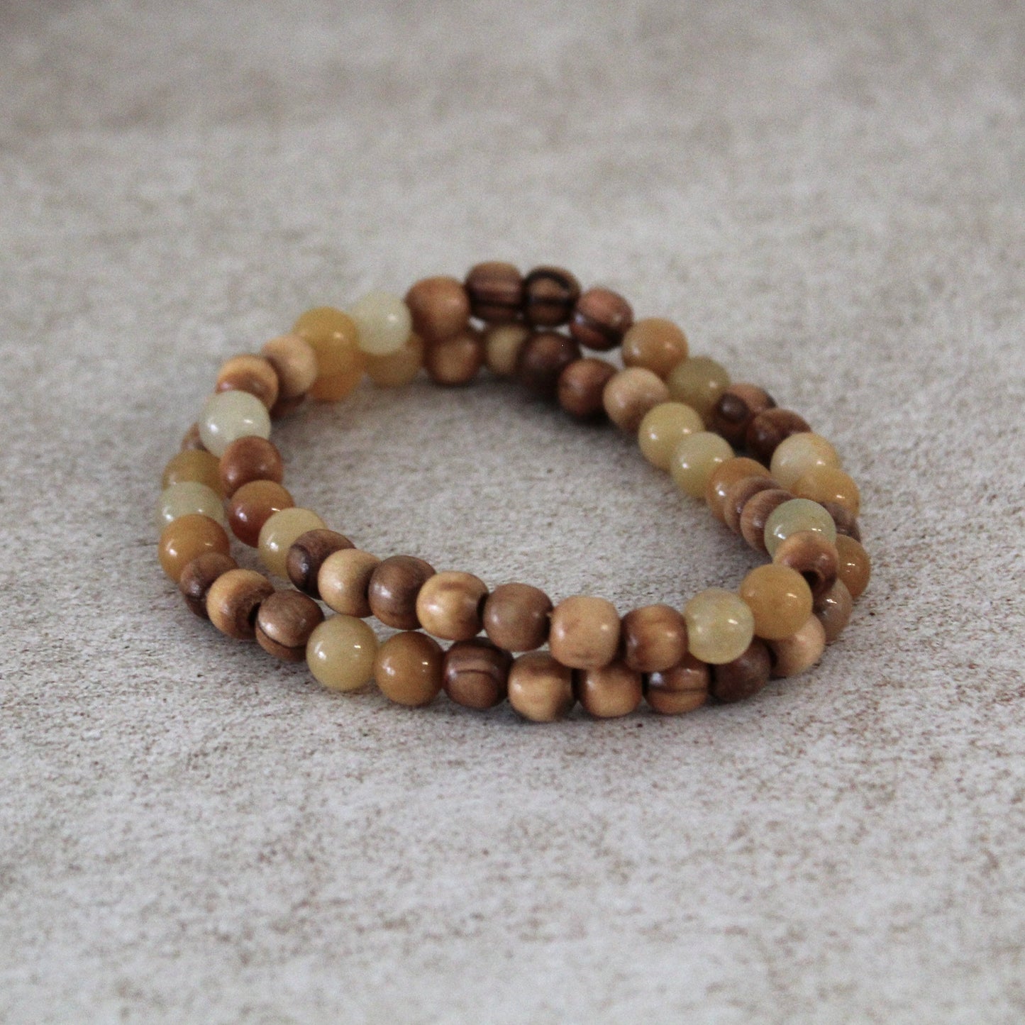 Earthy Double-Strand Stretch Bracelet, Olive Wood, and Yellowish Jade Beads