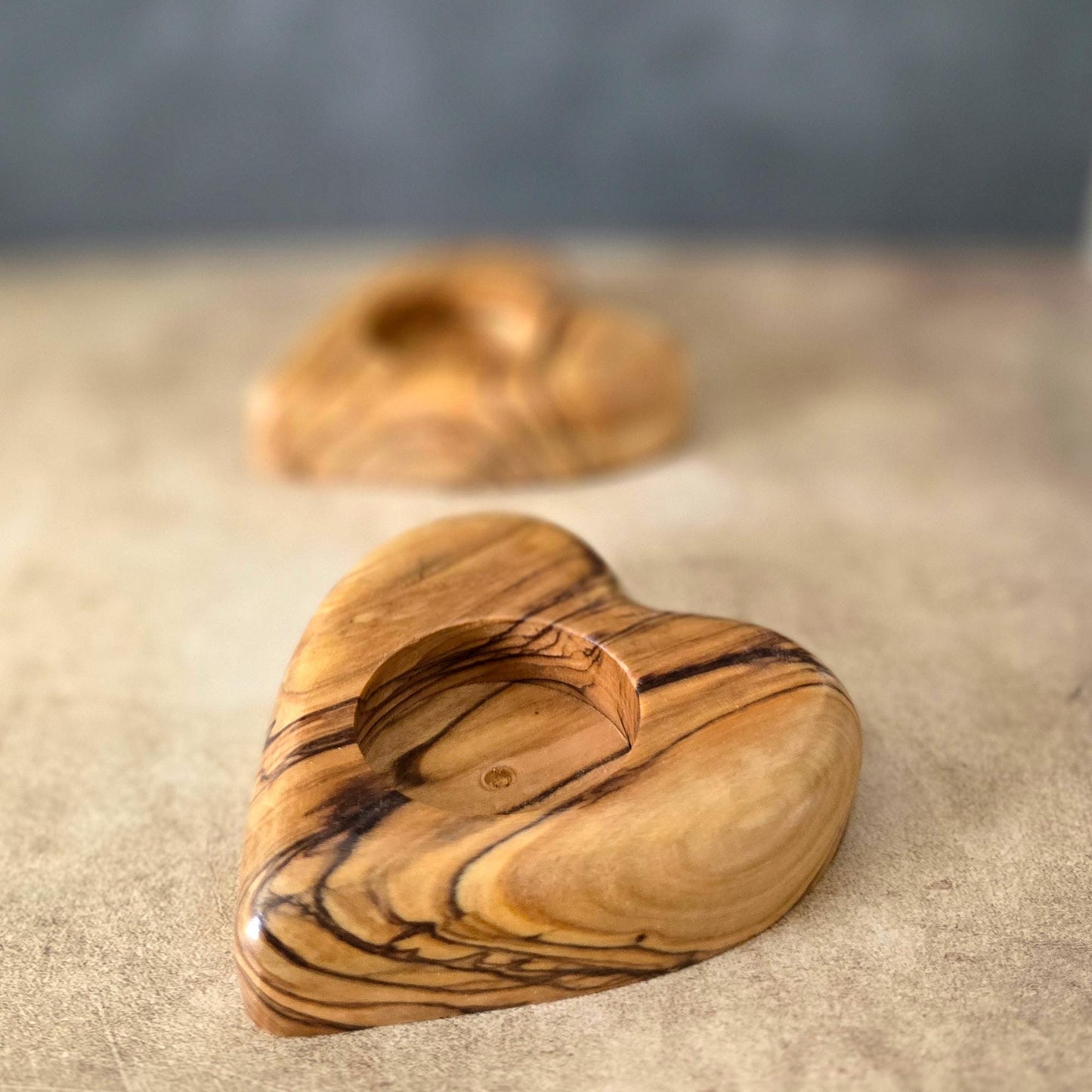Get 2 Hearts Shape Tealight, Handmade Wooden Candle Holder From Olive Wood, Hand Carved Tealight Holder, Handmade in the Holyland Jerusalem