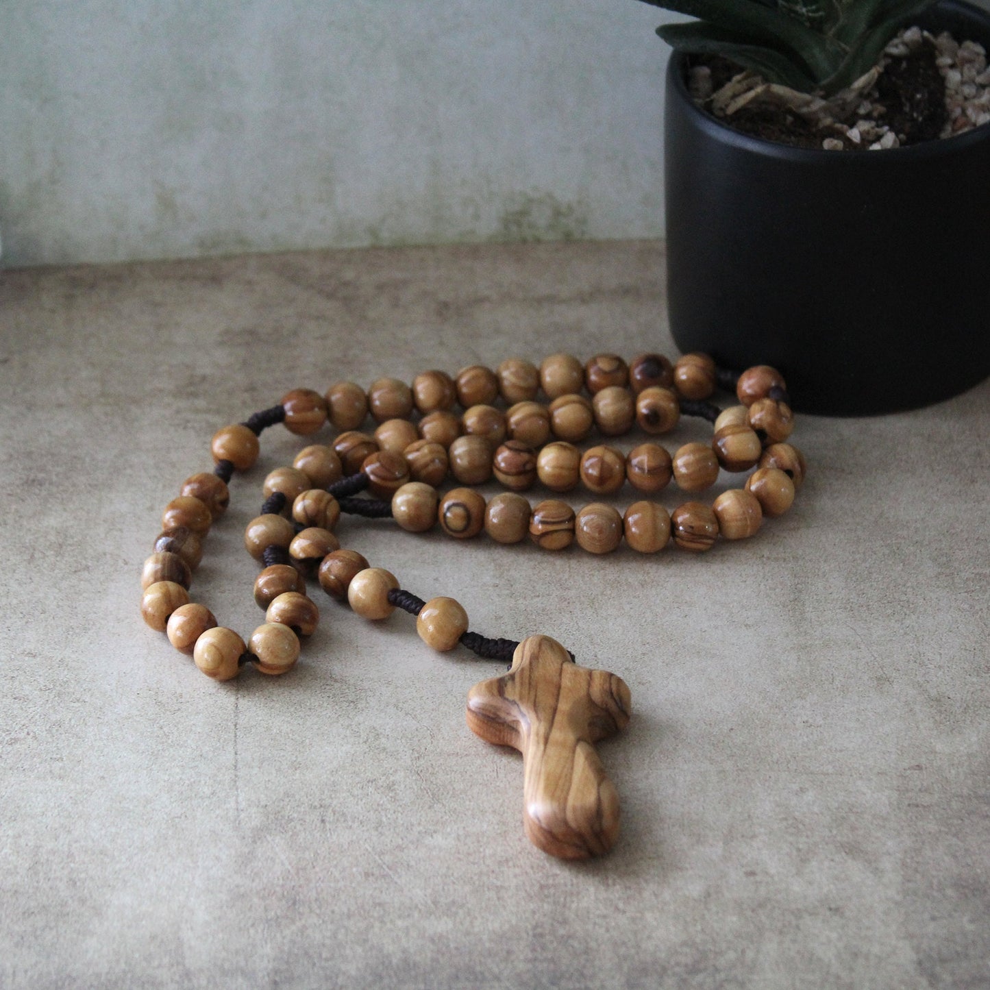 Get Two 9-10mm Beads, Olive Wood Cross Beaded Necklace, Handmade Smooth Round Prayer Beads, Holy Land Gift for Her, Rosary Necklace