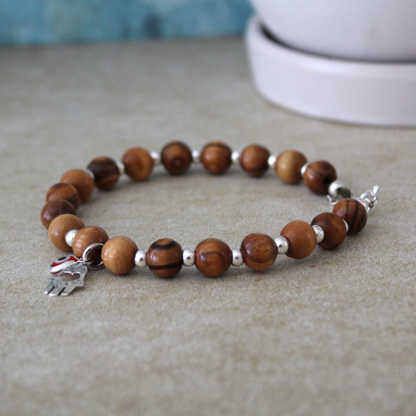 Spiritual Harmony: Handcrafted Olive Wood Charm Bracelet for Energy, Protection & Meditation - Boho Hamsa Design with Red Evil Eye