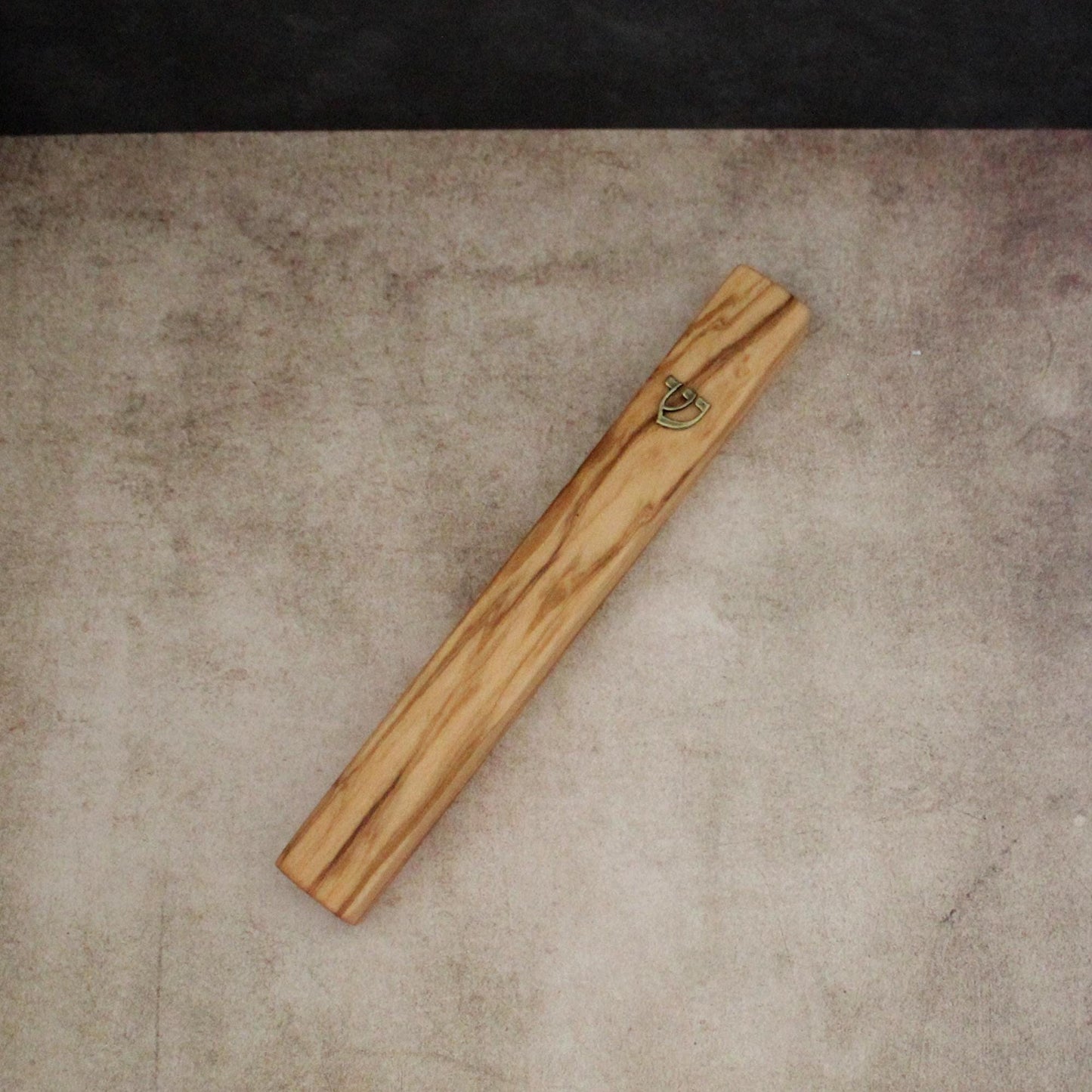 17cm / 6.69" Olive Wood Mezuzah Case from Jerusalem With the Letter "SHIN" in Bronze, Gift for Jewish Housewarming, Scroll Up to 15cm / 5.9"