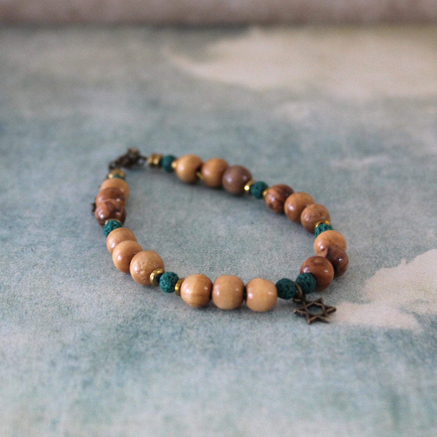 Olive Beads Healing Bracelet with Star of David - Turquoise Lava Beaded Bracelet - Green Lava Stone Protective Bracelet