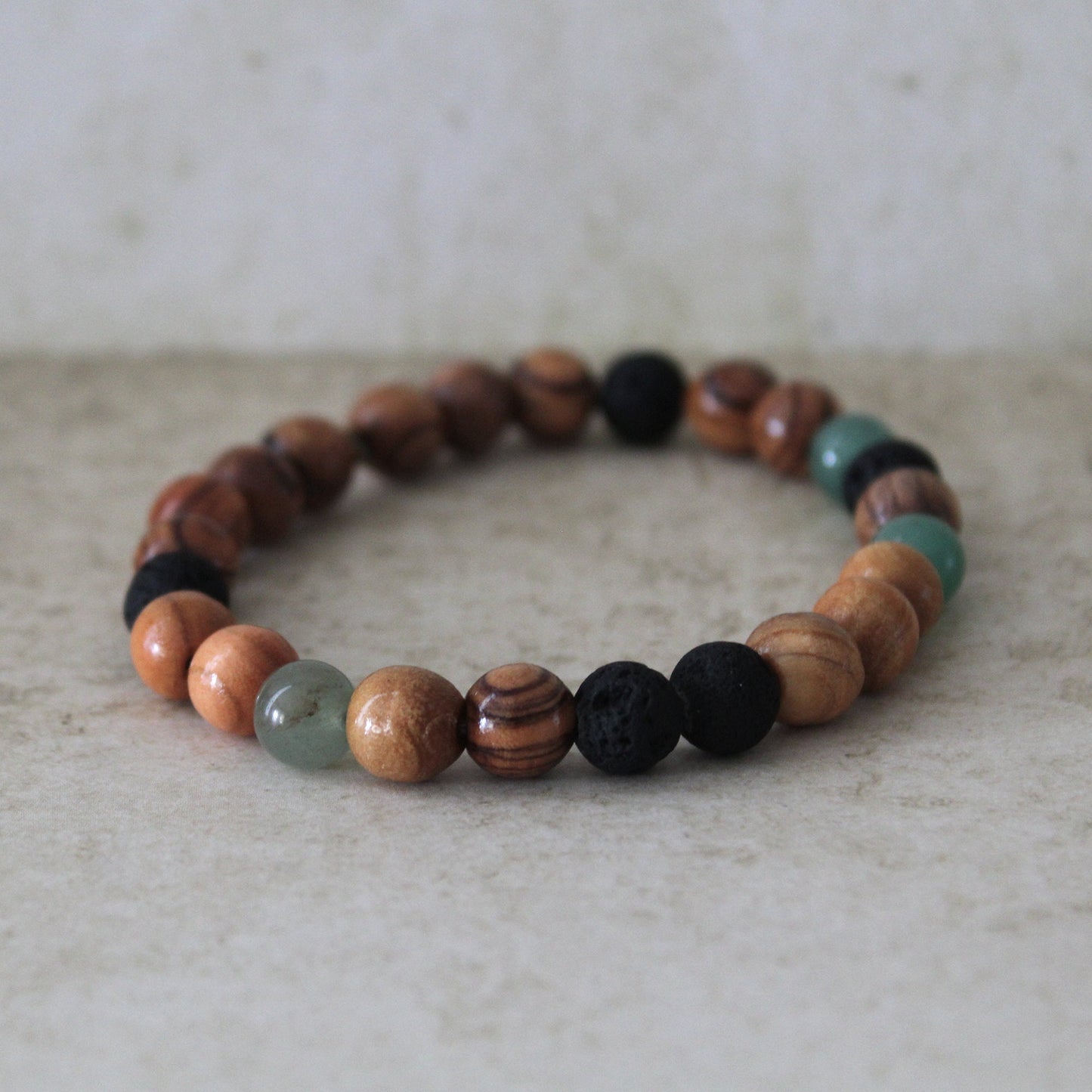 Greenish Jade and Olive Wood Earthy Stretch Bracelet with Black Lava Beads - Handcrafted Judaica Jewelry from Israel