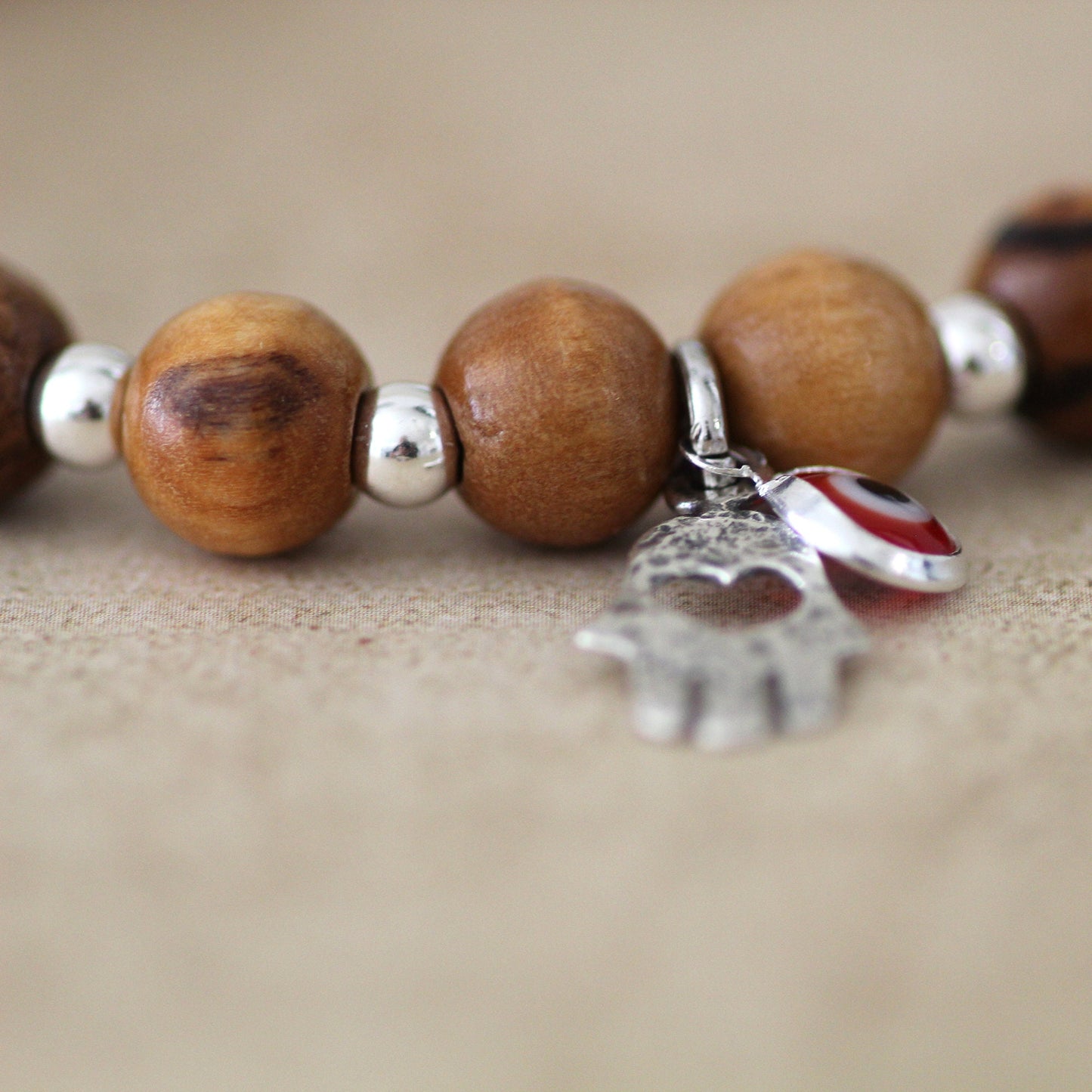 Spiritual Harmony: Handcrafted Olive Wood Charm Bracelet for Energy, Protection & Meditation - Boho Hamsa Design with Red Evil Eye
