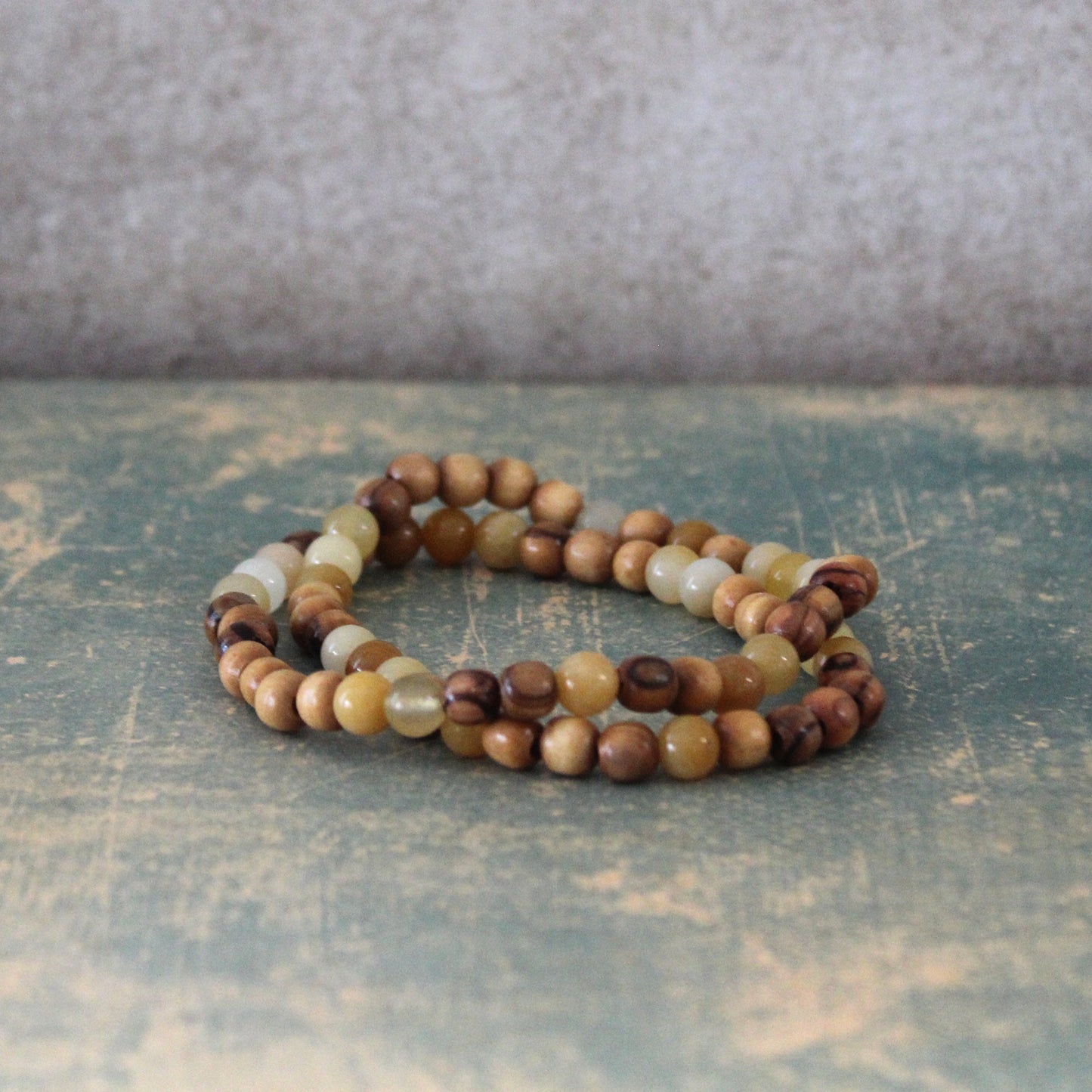Earthy Double-Strand Stretch Bracelet, Olive Wood, and Yellowish Jade Beads