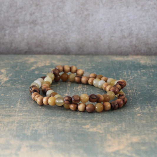 Earthy Double-Strand Stretch Bracelet, Olive Wood, and Yellowish Jade Beads