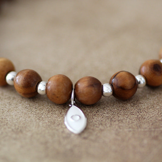 925 Silver Beads with White Fish, Olive Wood Beads Round Bracelet, Trendy Bracelet for Mother's Day, Christmas Gift