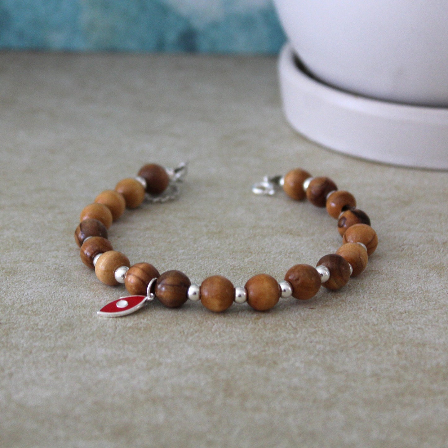 Handcrafted 925 Silver and Olive Beads Fish Bracelet - Vibrant Red Unisex Jewelry