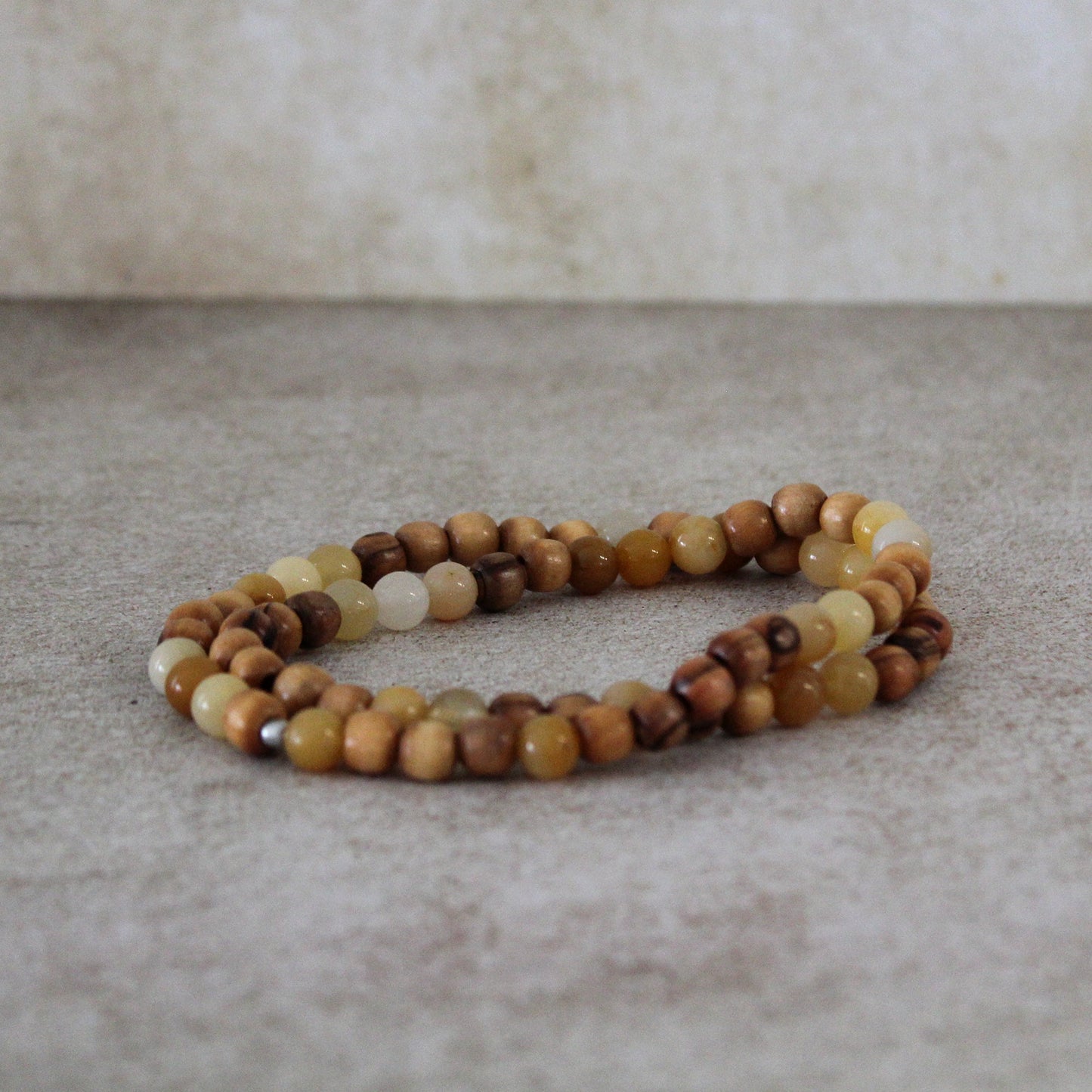 Earthy Double-Strand Stretch Bracelet, Olive Wood, and Yellowish Jade Beads
