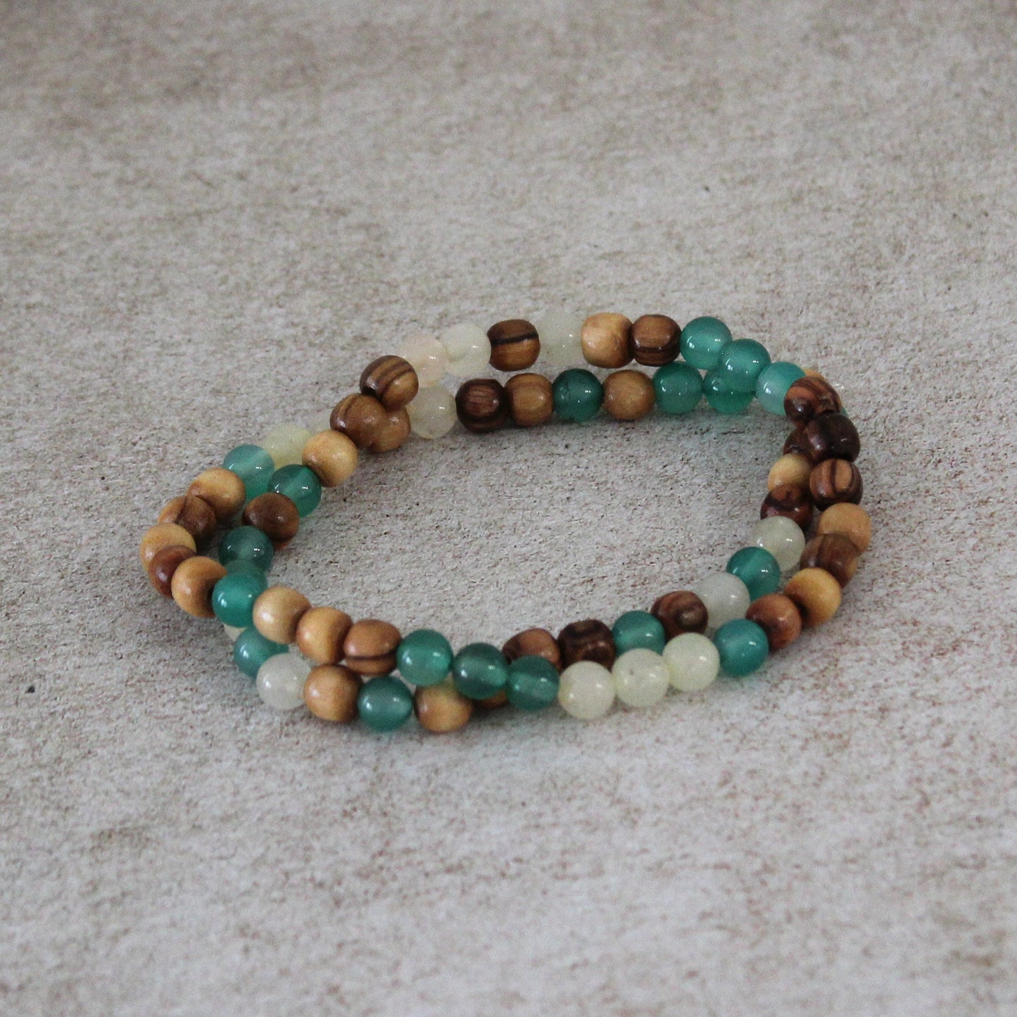 Earthy Double-Strand Stretch Bracelet, Olive Wood & Mix of White and Green Jade Beads