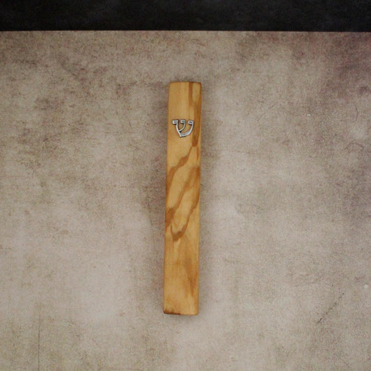 14cm / 5.5" Olive Wood Mezuzah Case from Jerusalem With the Letter "SHIN" in Silver, Gift for Jewish Housewarming, Scroll Up to 12cm / 4.72"