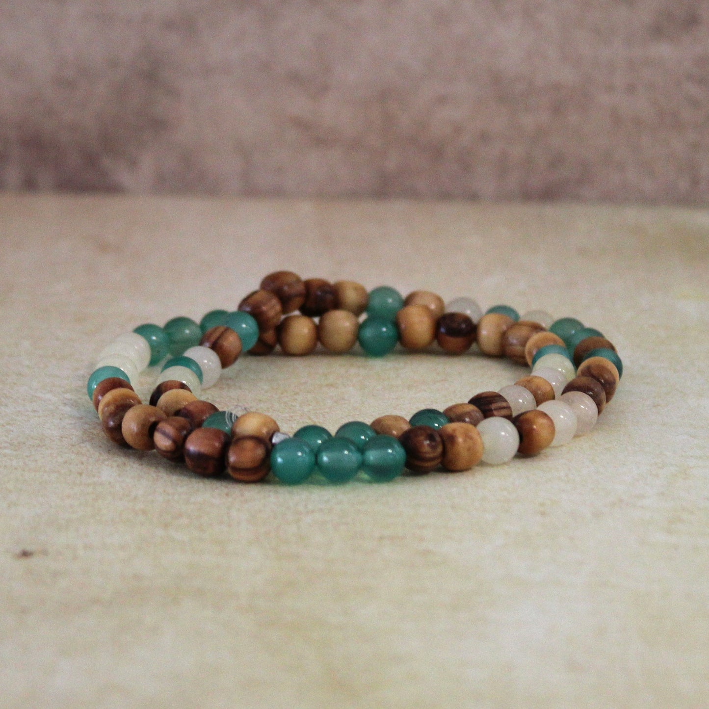 Earthy Double-Strand Stretch Bracelet, Olive Wood & Mix of White and Green Jade Beads