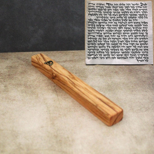 17cm / 6.69" Olive Wood Mezuzah Case from Jerusalem With the Letter "SHIN" in Bronze, Gift for Jewish Housewarming, Scroll Up to 15cm / 5.9"