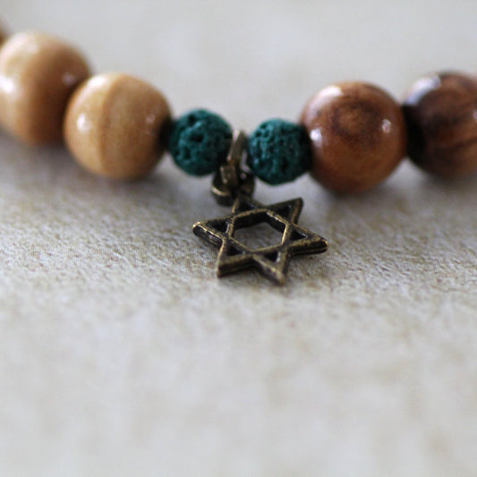 Olive Beads Healing Bracelet with Star of David - Turquoise Lava Beaded Bracelet - Green Lava Stone Protective Bracelet