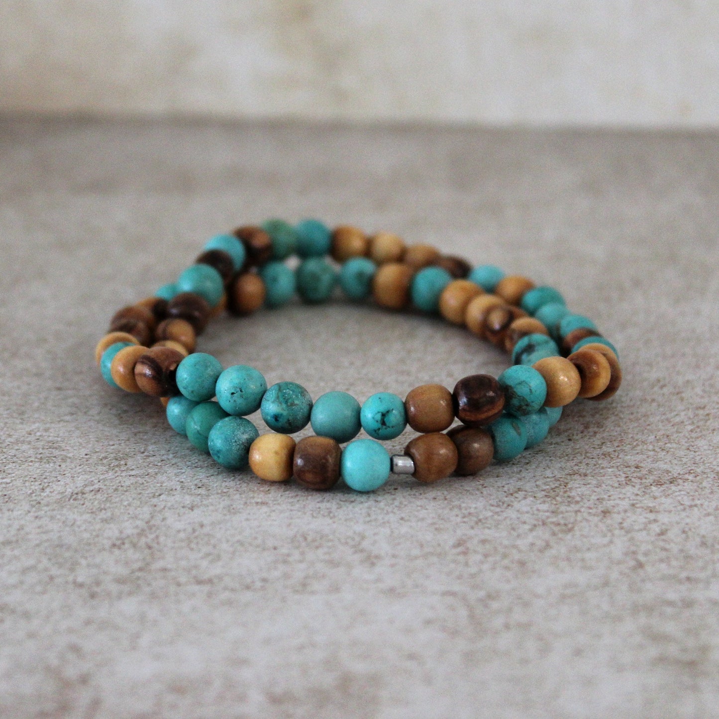 Earthy Double-Strand Stretch Bracelet, Olive Wood & Turquoise Stones