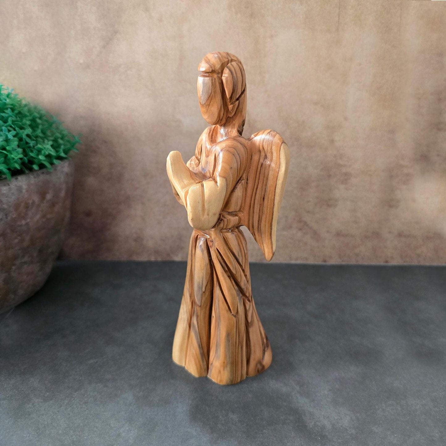 Handmade Olive Wood of a Faceless Praying Angel, Handmade Wooden Statue Made in Holy Land, Catholic Christmas Handheld Angel for protection