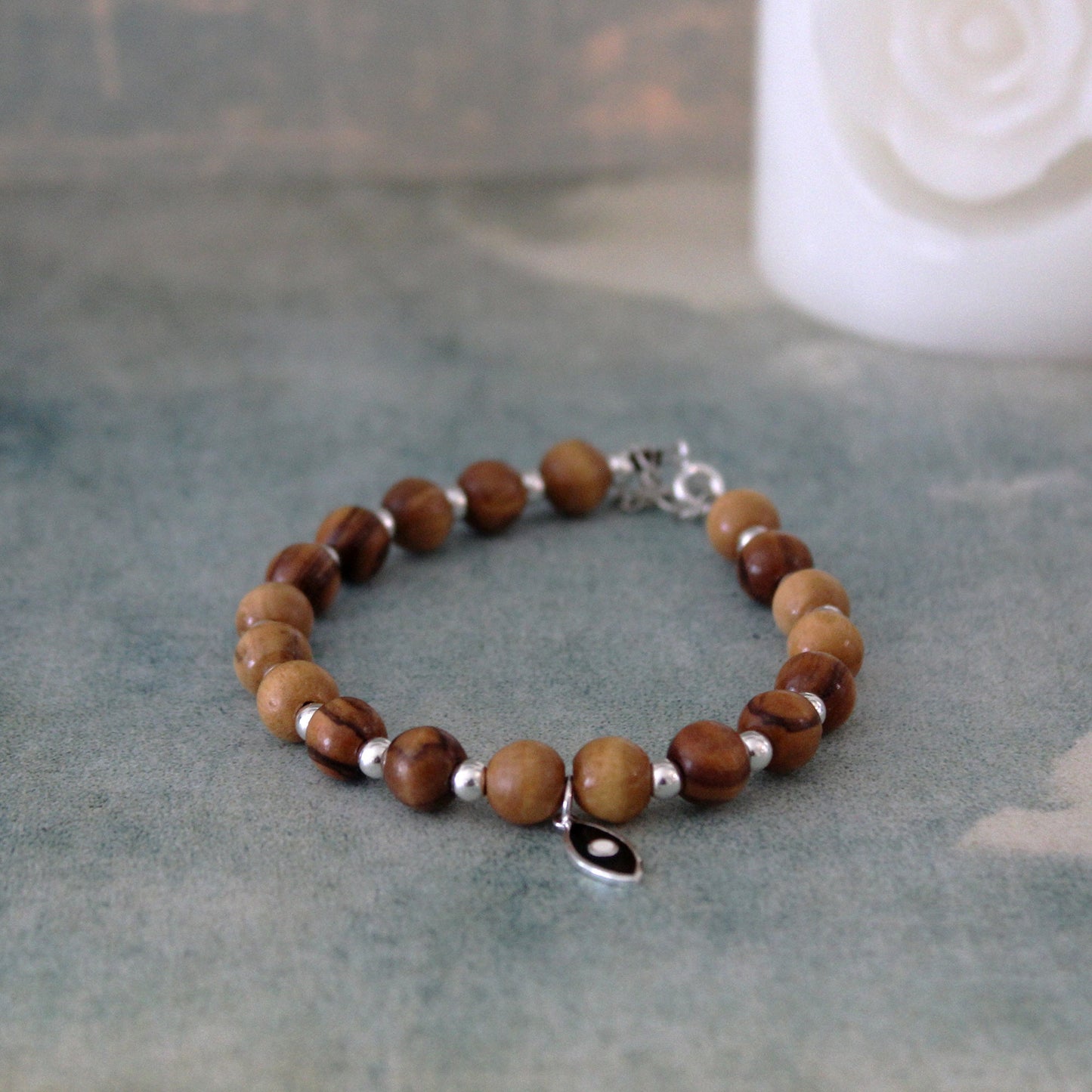 925 Silver and Olive Wood Beaded Bracelet with Black Fish Charm - Handcrafted Statement Jewelry