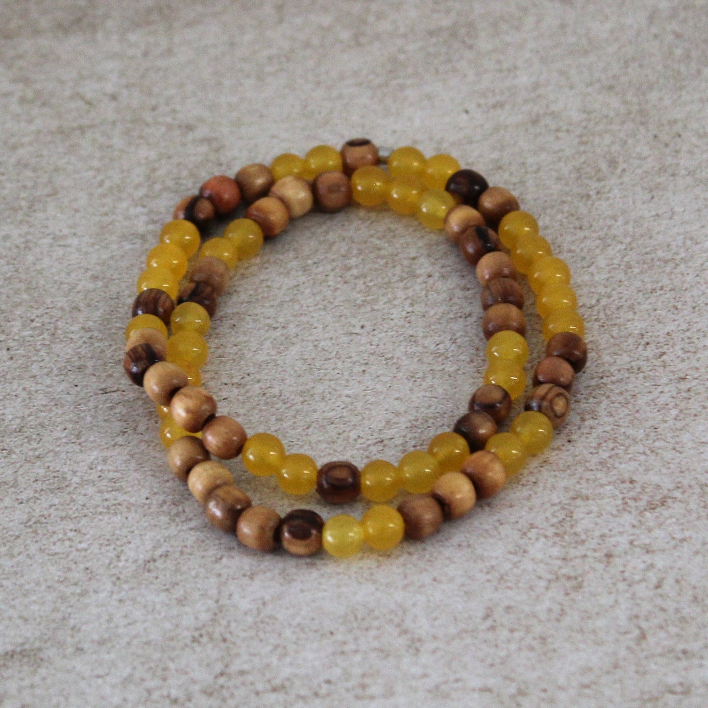 Earthy Double-Strand Stretch Bracelet, Olive Wood and yellow Jade Beads