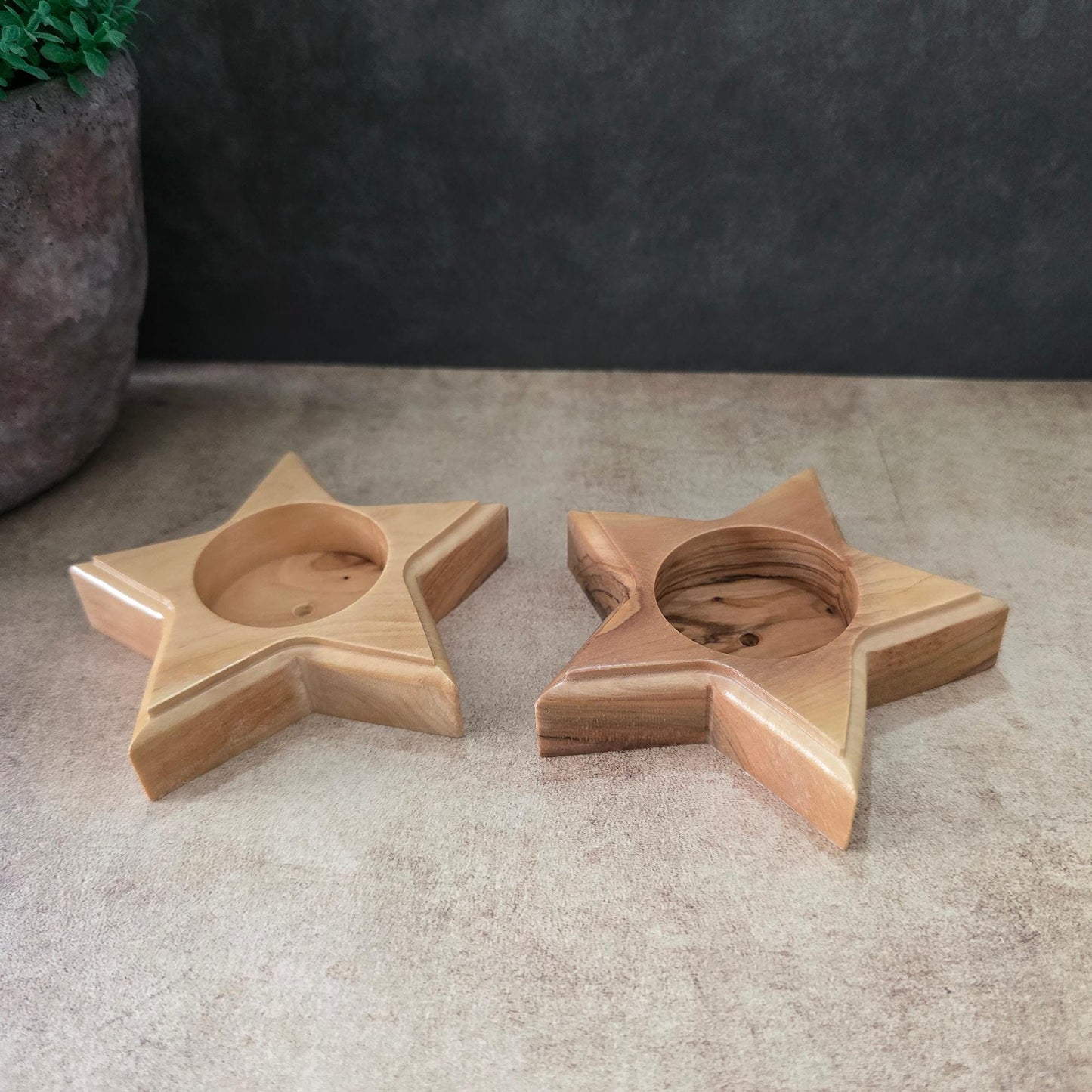Pair or Handmade 5 Point Star Tealight Holders, Wooden Candle Holders, Hand Crafted Olive Wood Candle Holders, Hand Made Gift Home Decor