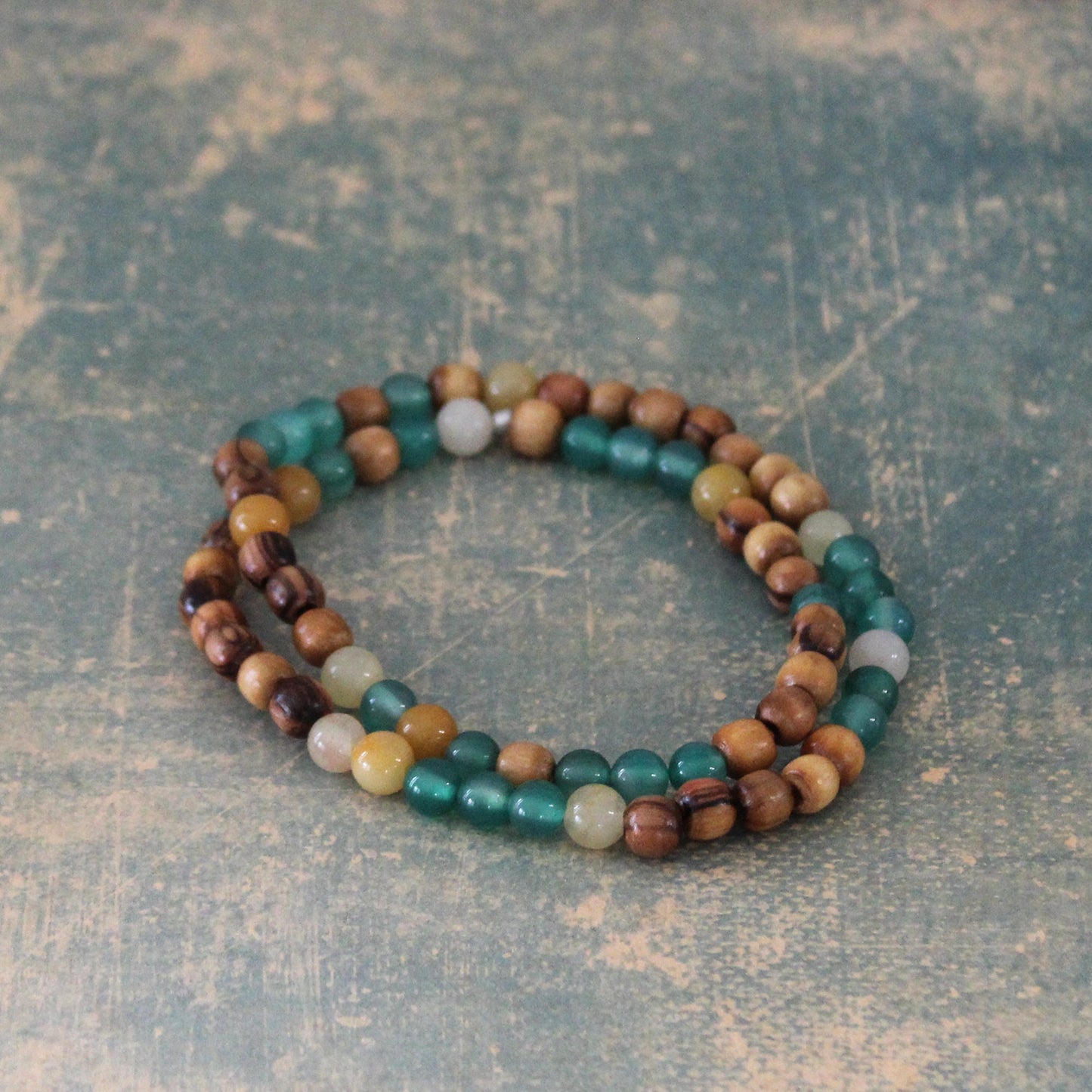 Earthy Double-Strand Stretch Bracelet, Olive Wood & A Beautiful Combination of Jade Beads