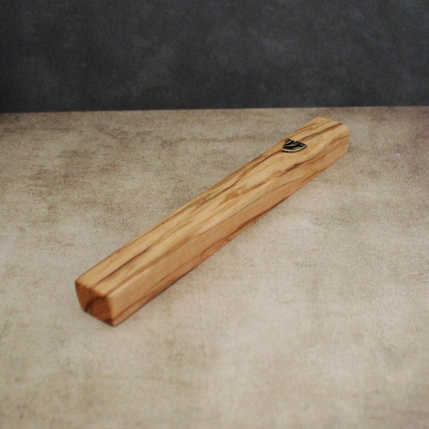 17cm / 6.69" Olive Wood Mezuzah Case from Jerusalem With the Letter "SHIN" in Bronze, Gift for Jewish Housewarming, Scroll Up to 15cm / 5.9"