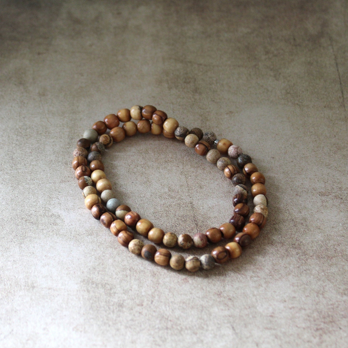 Earthy Double-Strand Stretch Bracelet Made With Jasper and Olive Wood
