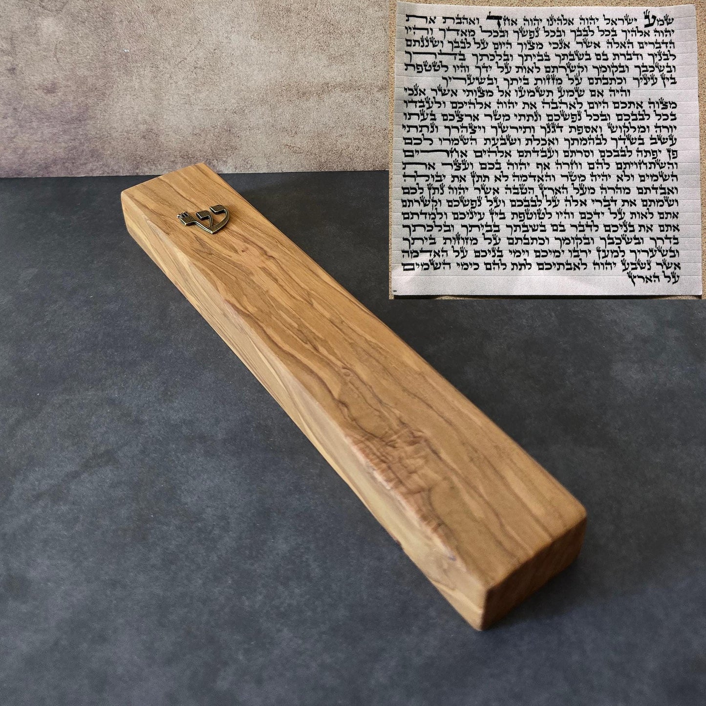 8.6" / 22cm Handcrafted Olive Wood Mezuzah With Scroll & Bronze Shin Detail - Sacred Jewish Home Protection - Rosh Hashanah Holiday Gift